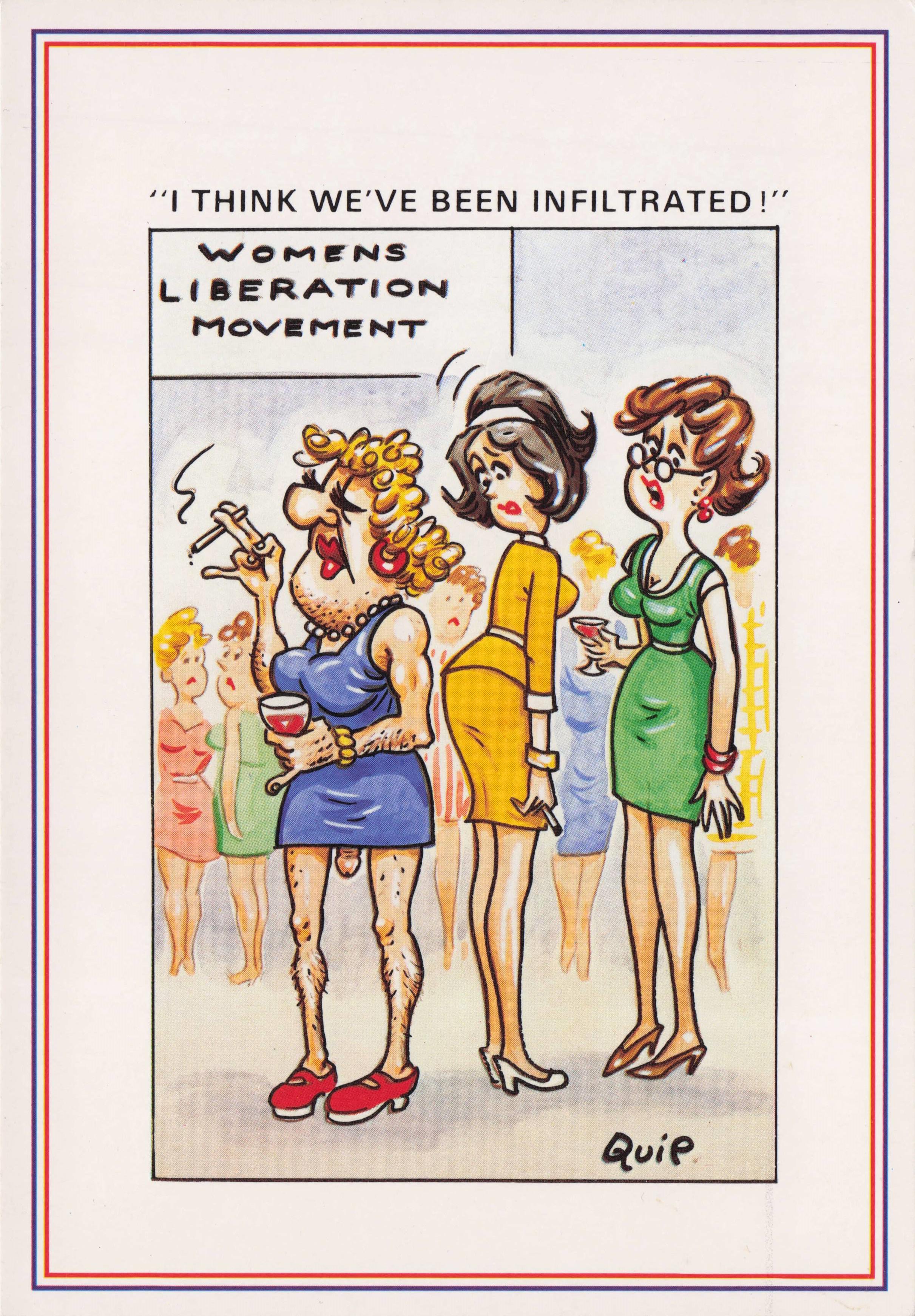 Tranvestite At Womens Lib Movement Meeting Smoking Comic LGBT Postcard