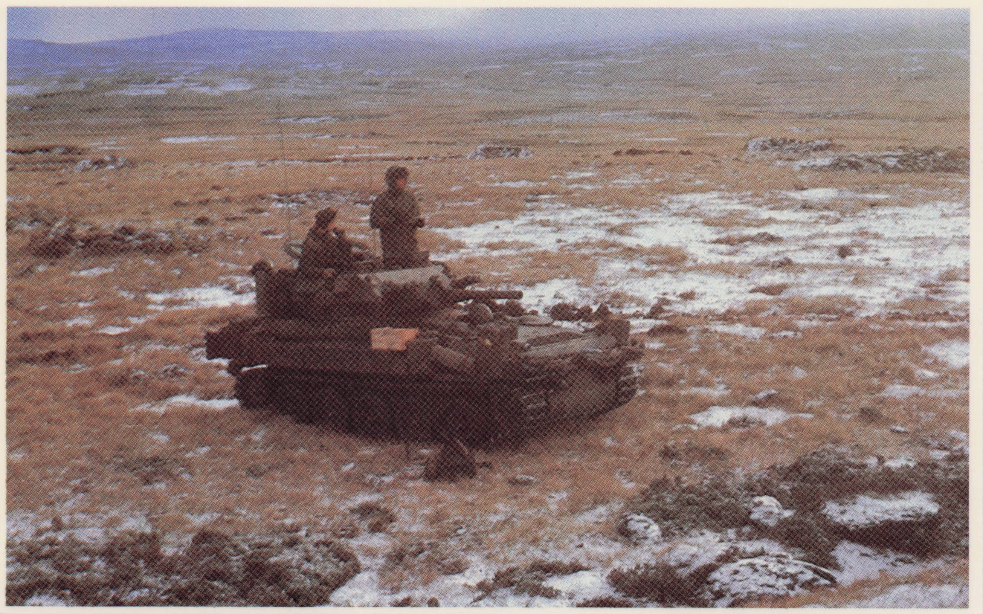 Falklands War British Scorpion Light Tank Guarding Terrain View Postcard