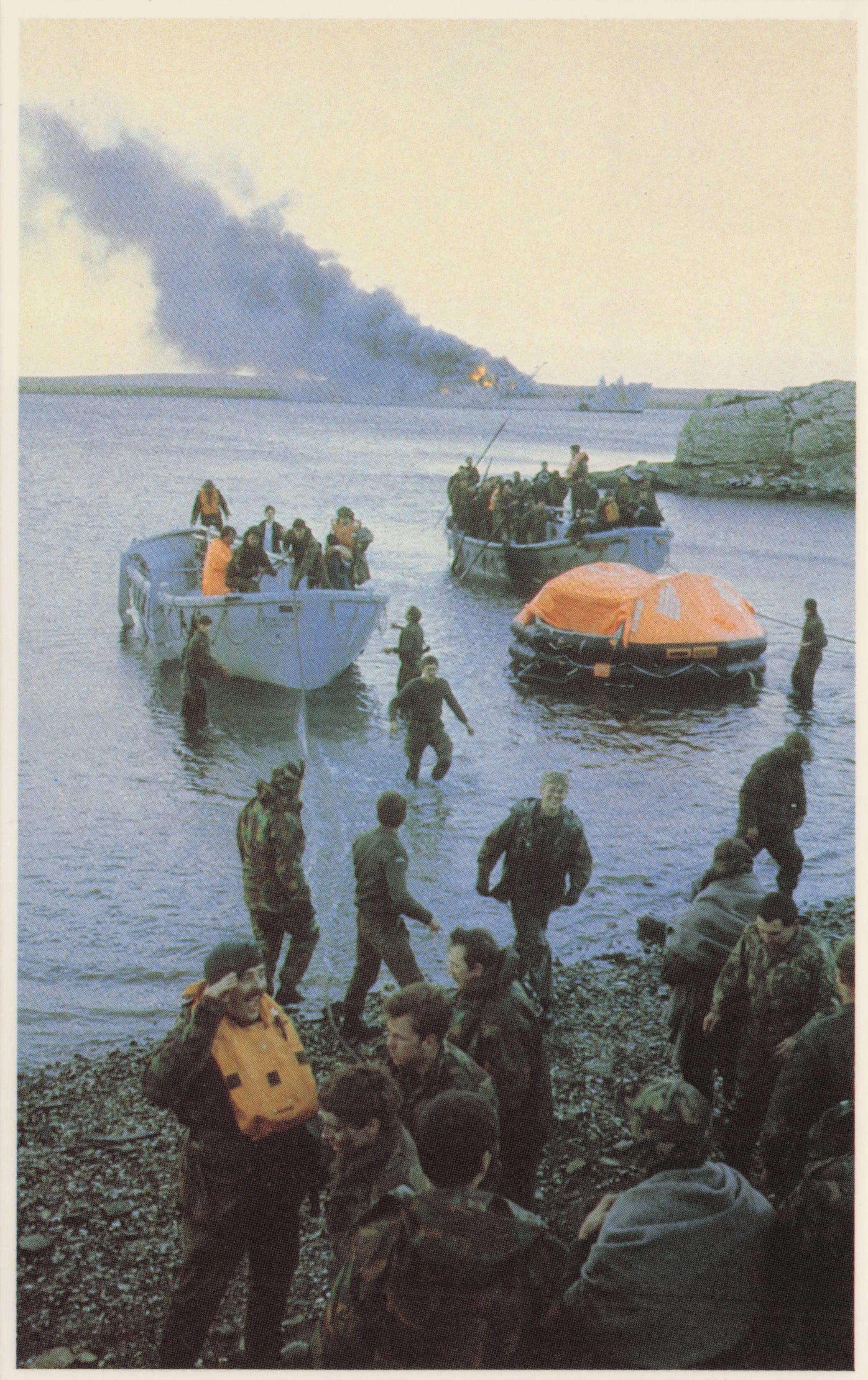 Falklands War Survivors Coming Ashore After Ship Attack Military Postcard