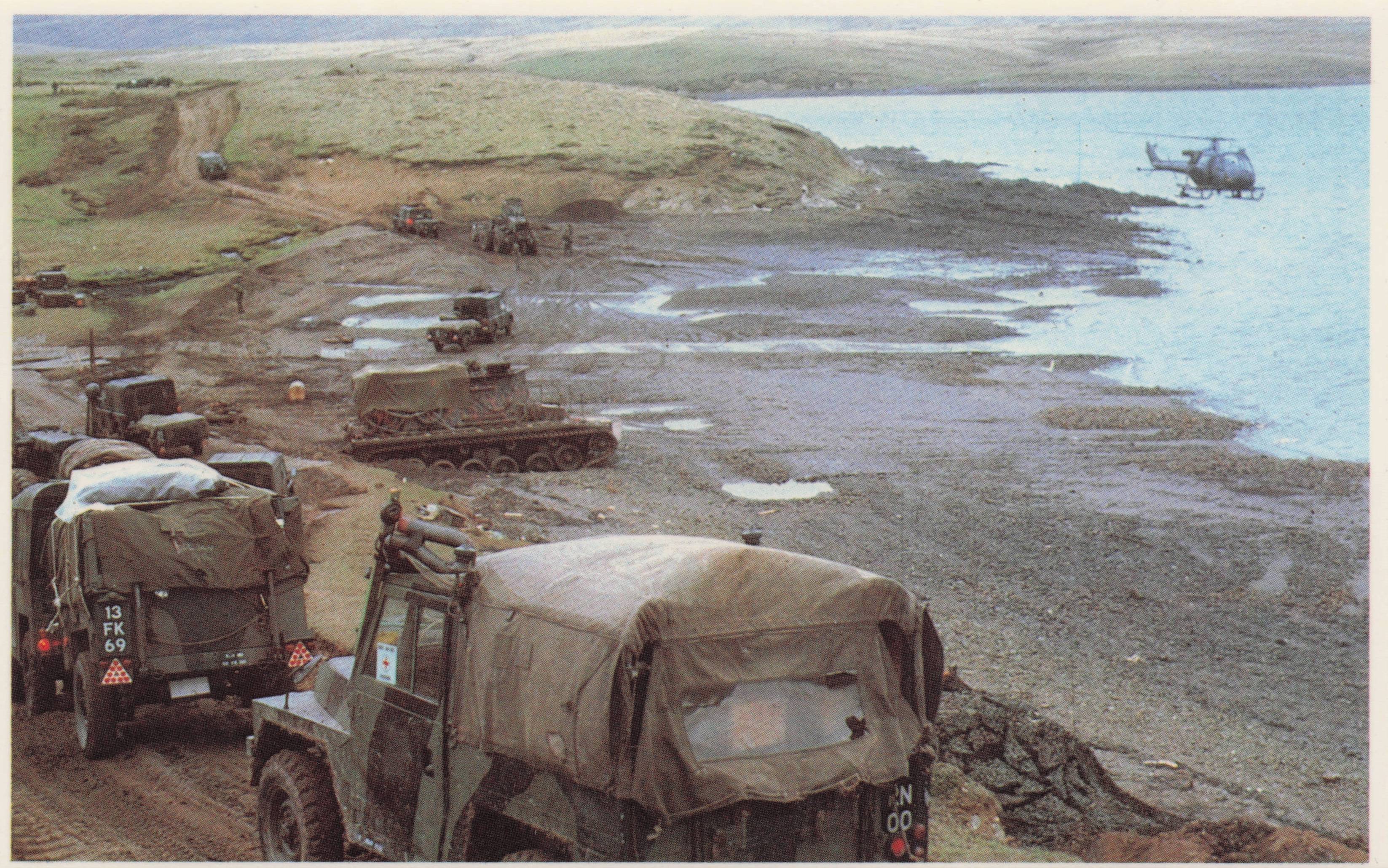 Falklands War Transport Armour Ashore San Carlos Bay Military Postcard