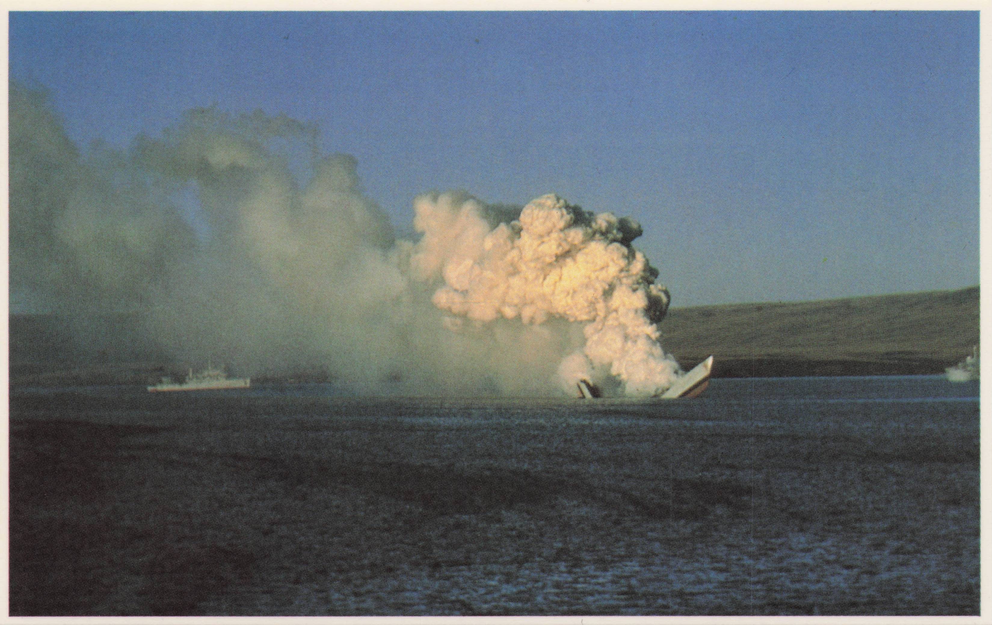 Falklands Task Force War Ship Takes Final Plunge Fire Disaster Military Postcard
