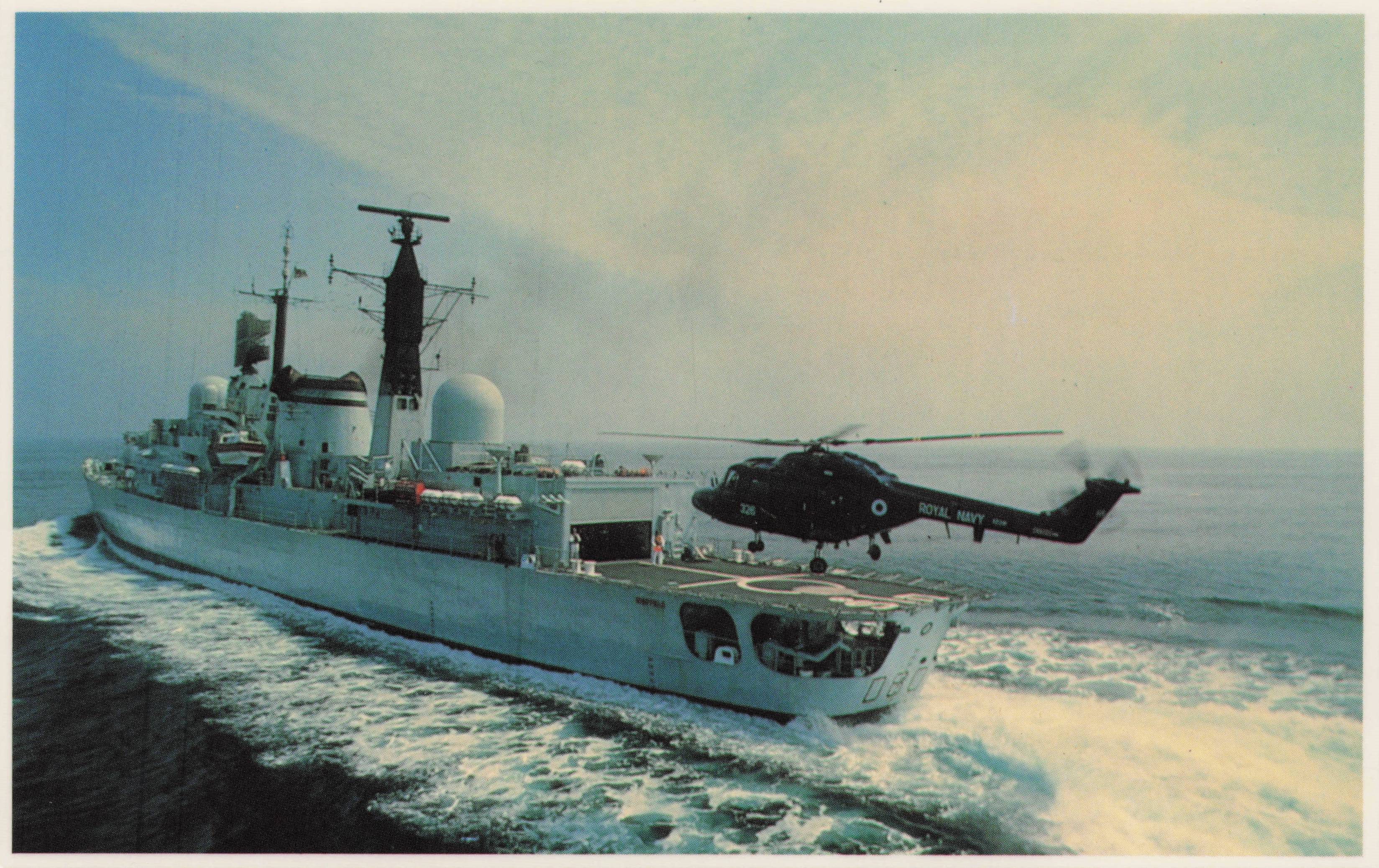 Falklands War Helicopter Nears Flight Deck Royal Navy Fleet Military Postcard
