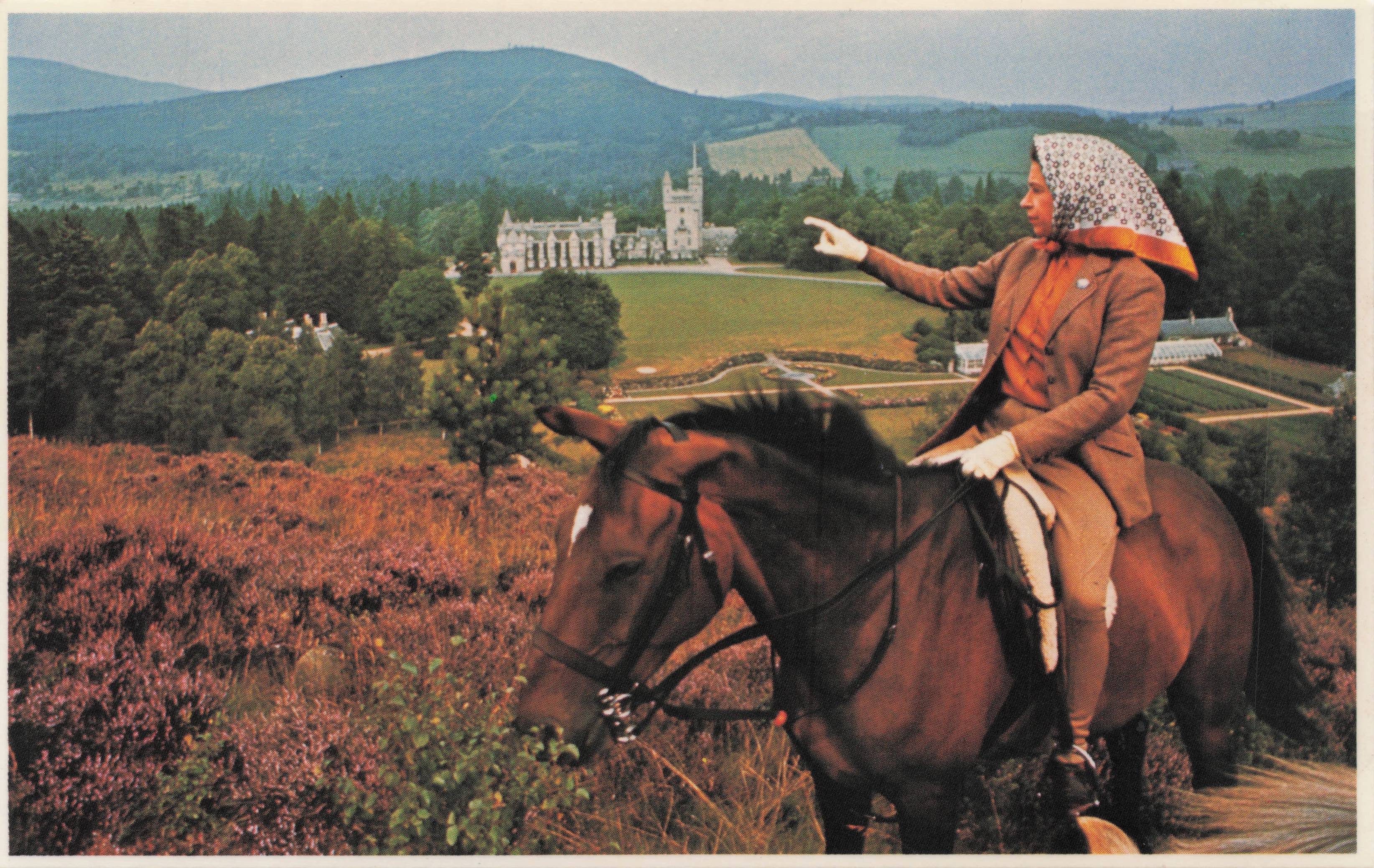 Queen Elizabeth II Balmoral Castle Scotland Riding Horse Royal Photo Postcard