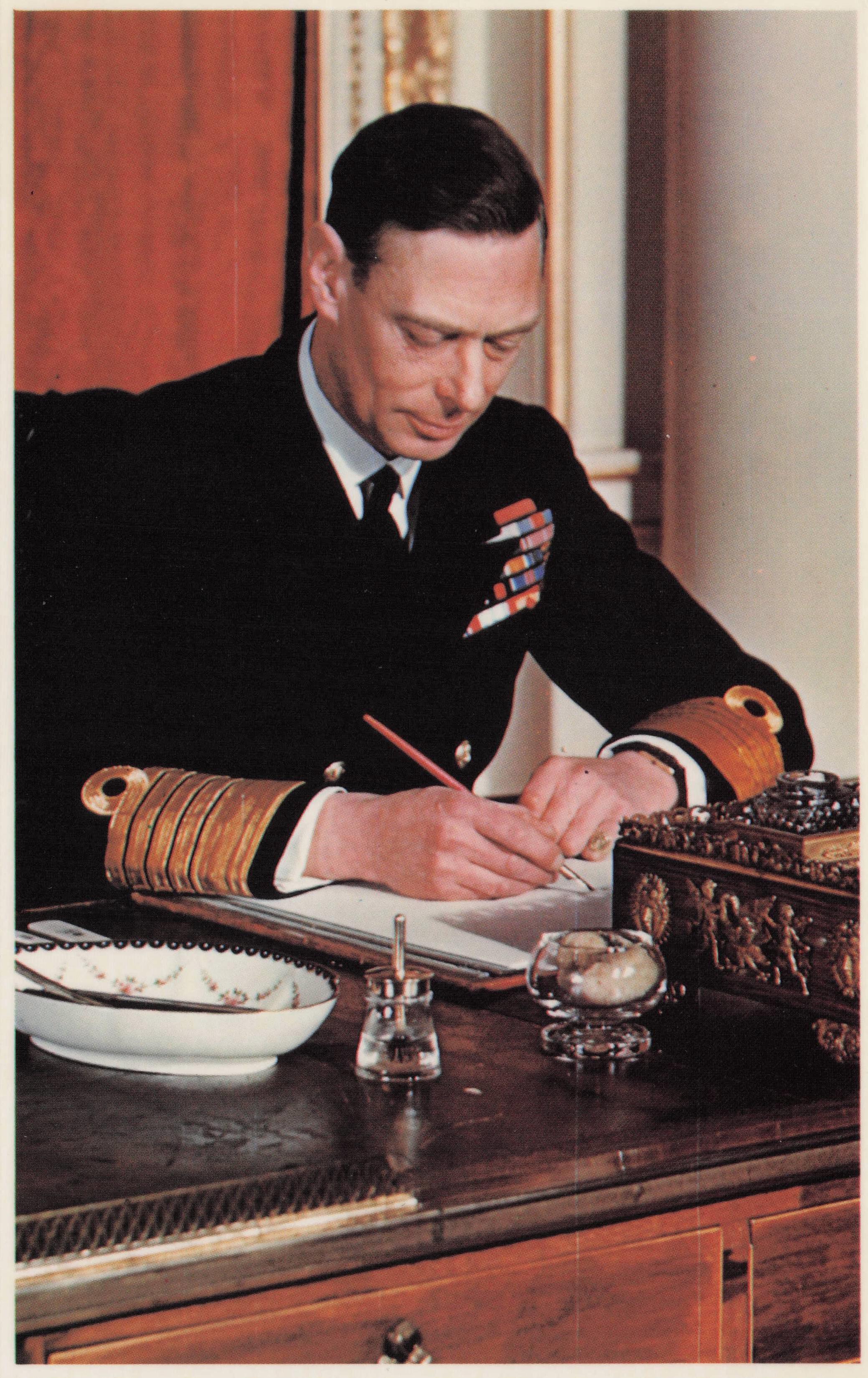 King George VI Military Uniform Writing A Letter Portrait Royal Photo Postcard