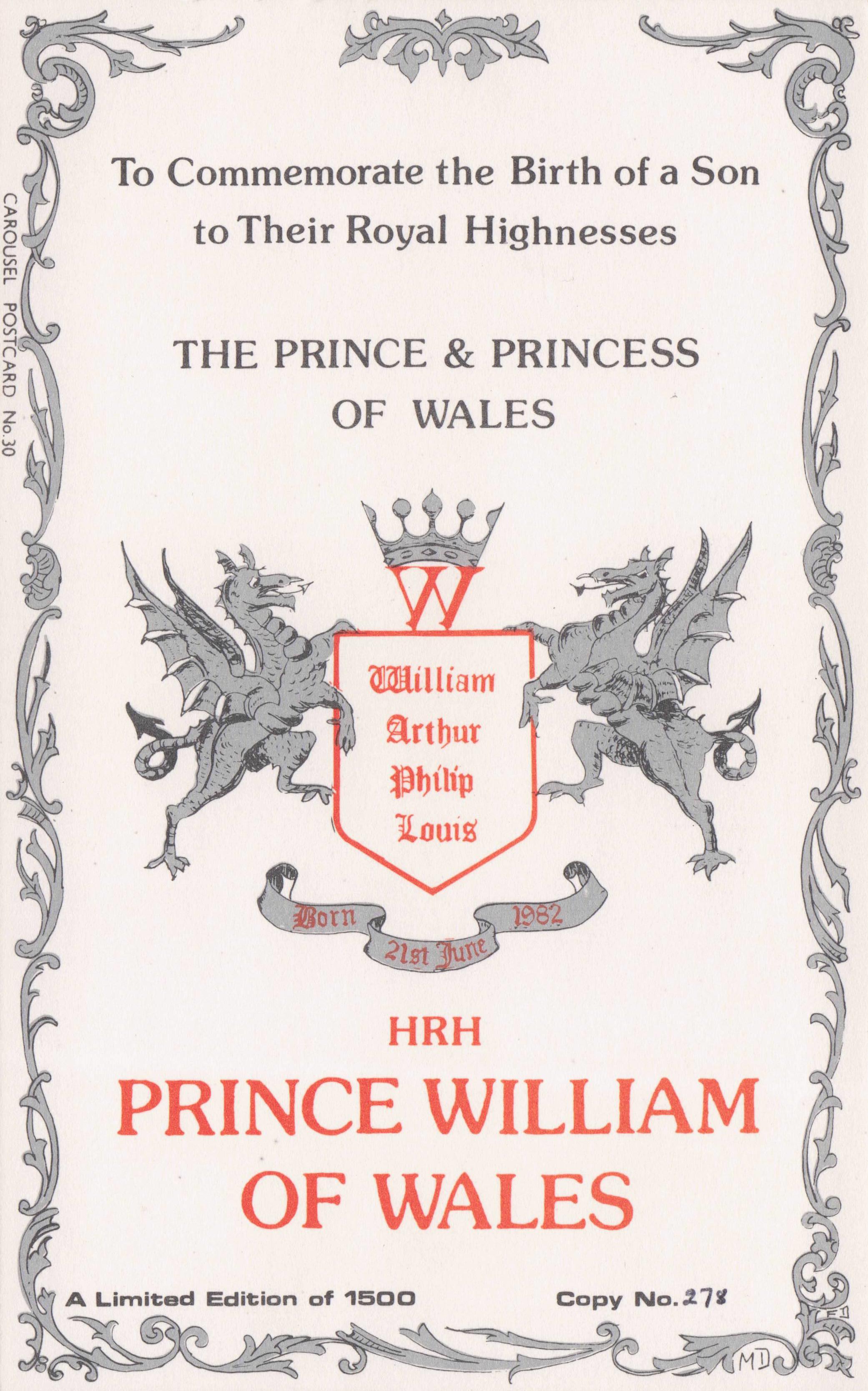 Prince William Birth Announcement Charles & Diana Limited Royal Postcard