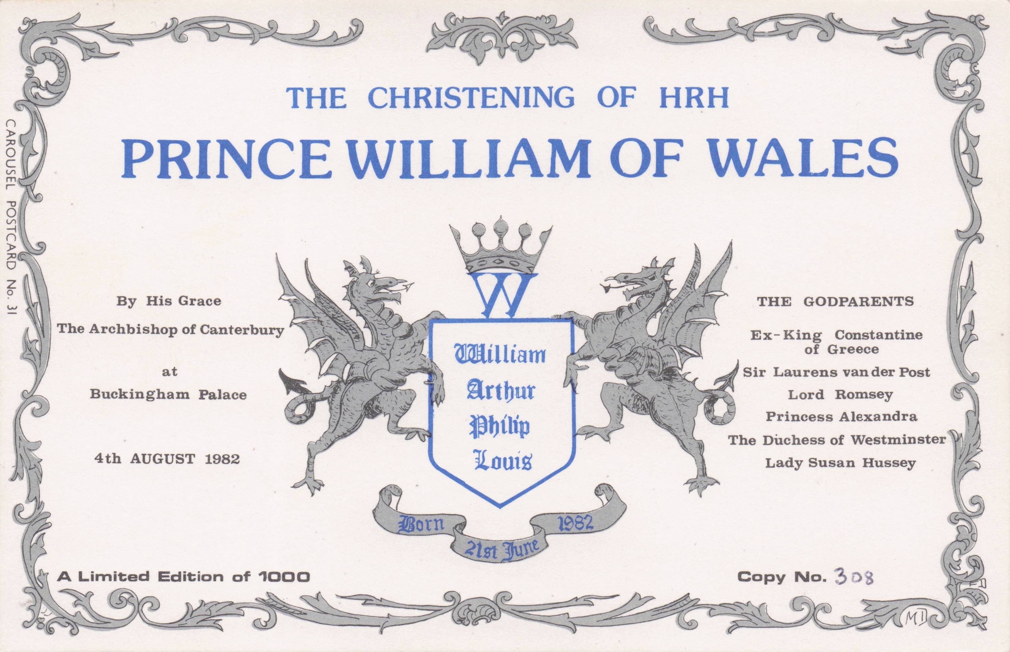 Prince William Christening Baby Charles & Diana Limited Royal Postcard