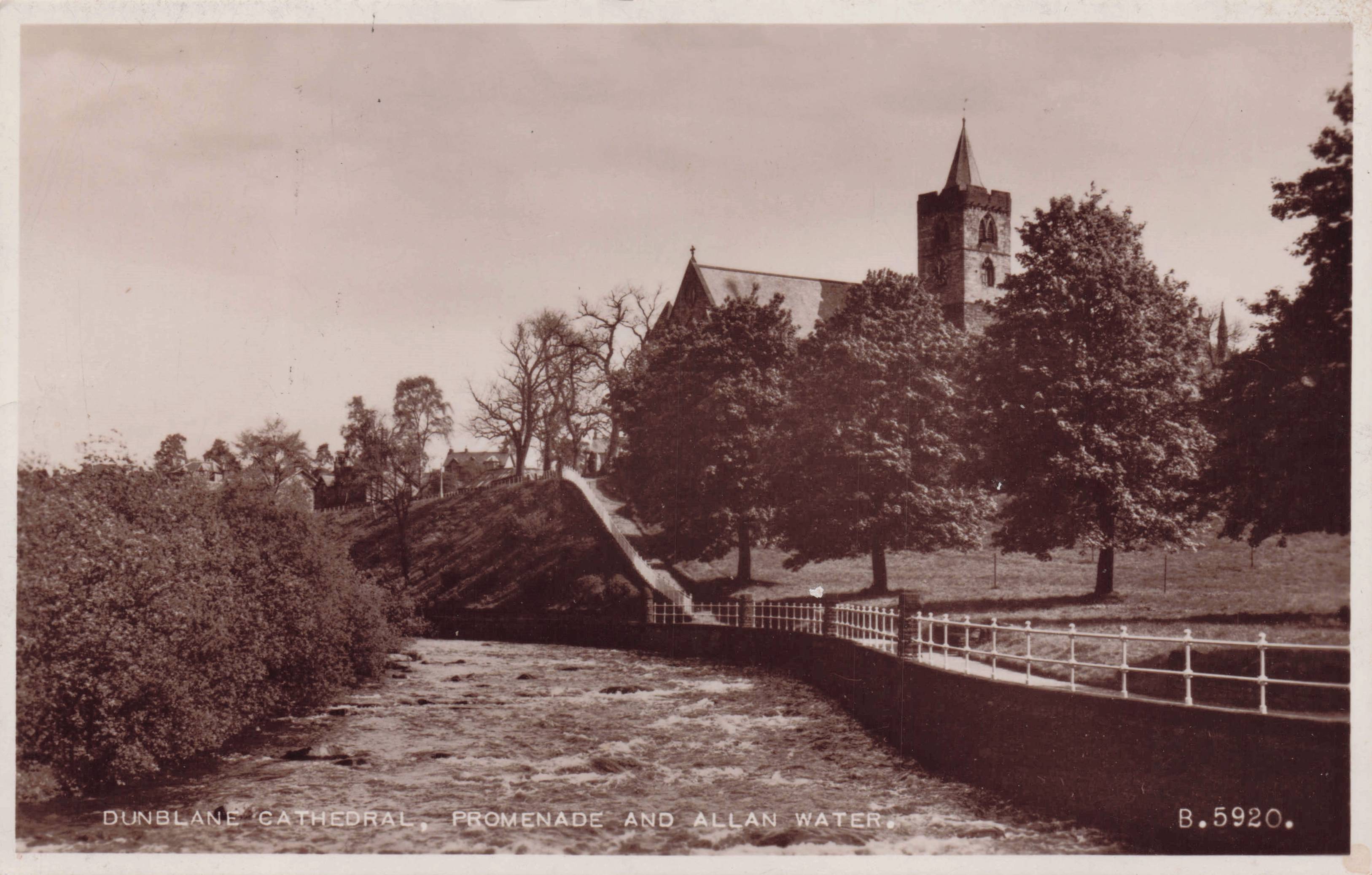 Dunblane Cathedral Promenade & Allan Water Scottish Real Photo Old Postcard