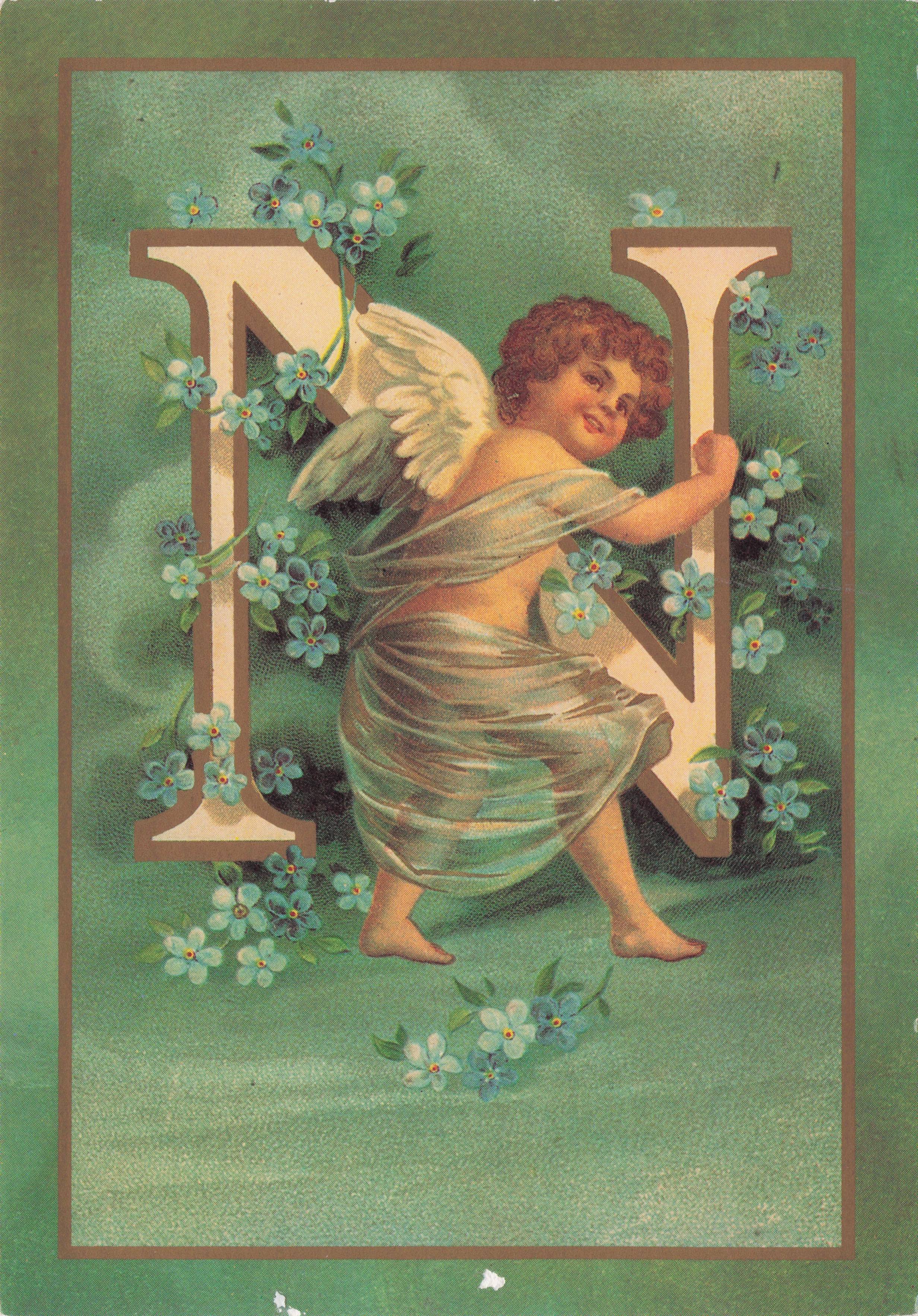Cupid Romantic God Love Name Big Letter Initial N France Greetings French Postcard