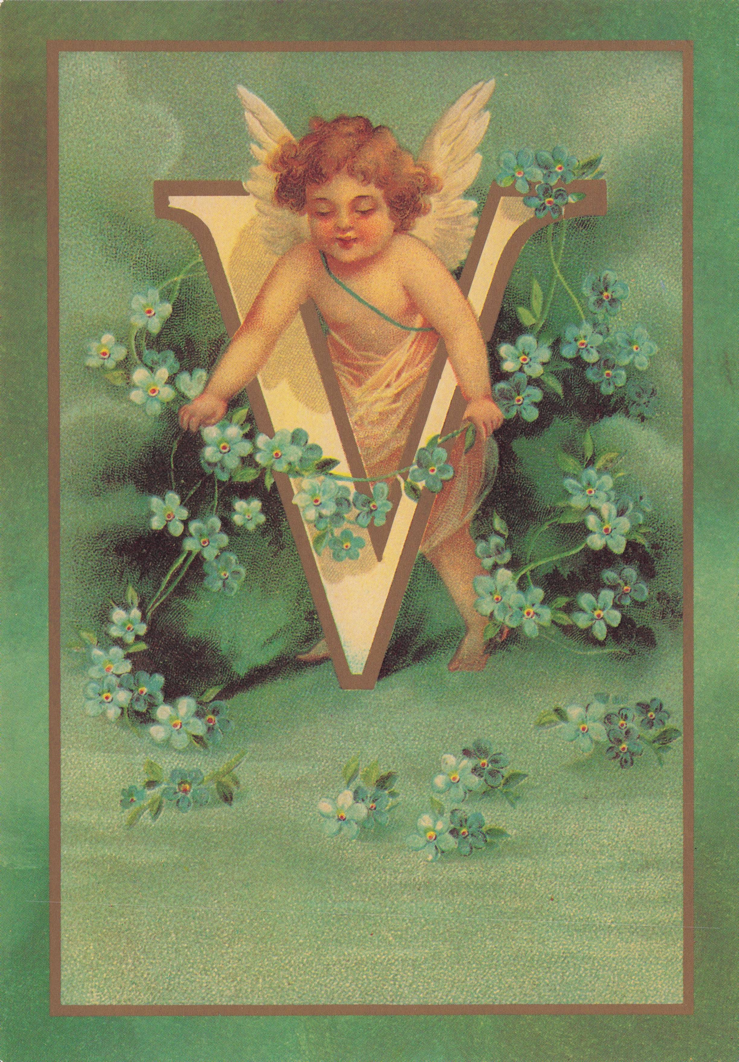 Cupid Romantic God Love Name Big Letter Initial V France Greetings French Postcard