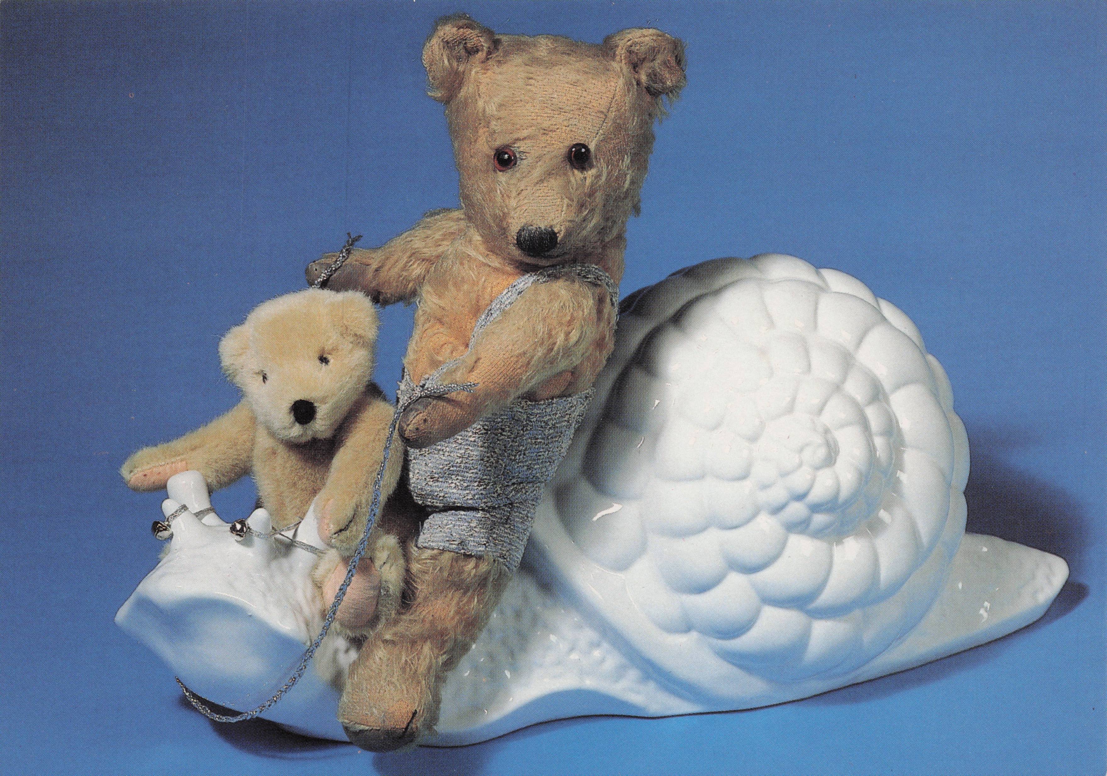 Father & Son Teddy Bear Riding Old White China Marble Toy Snail Toy Postcard