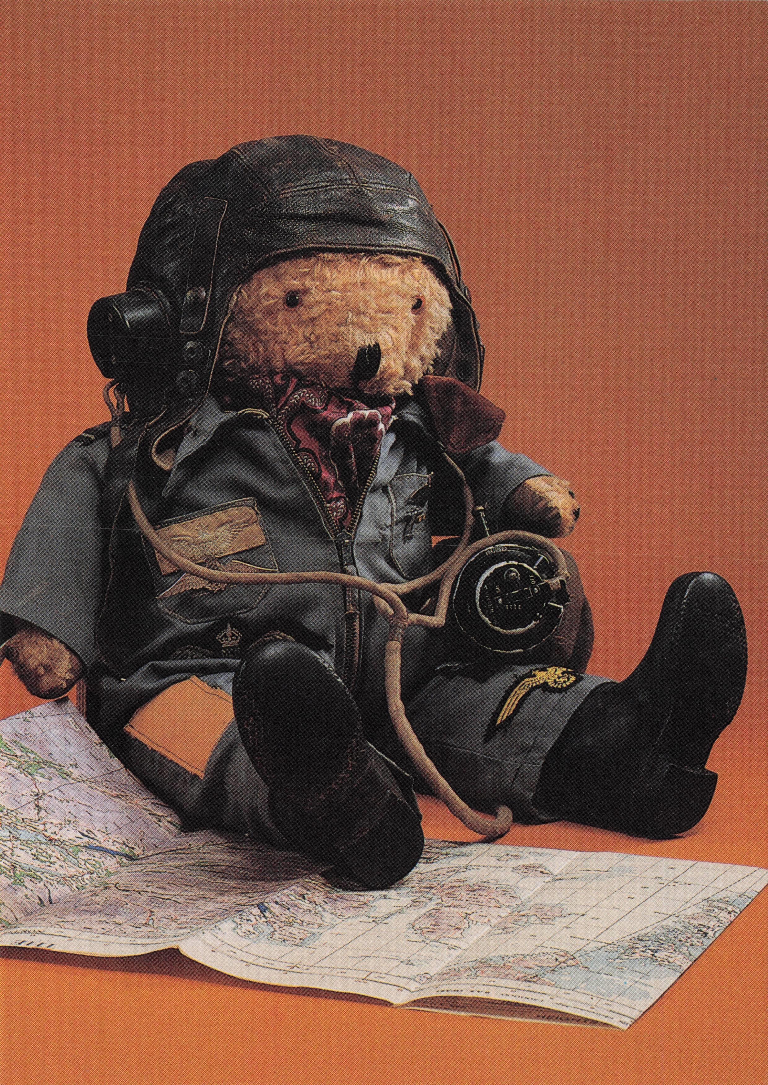 Air Pilot Toy Teddy Bear In Biggles Costume & Large Old Military Map Postcard