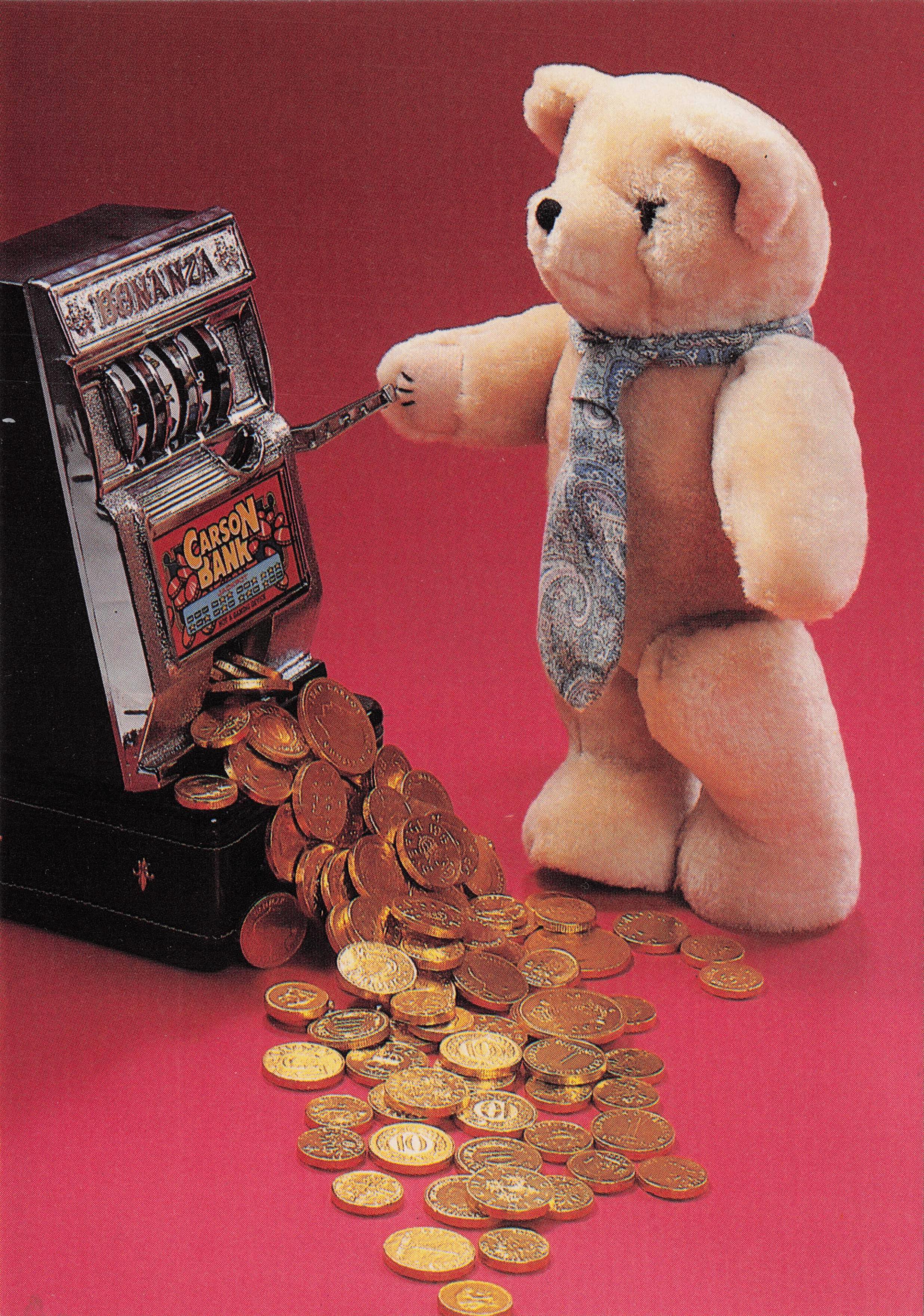 Teddy Bear Gambling On Vintage One Armed Bandit Fruit Machine Postcard