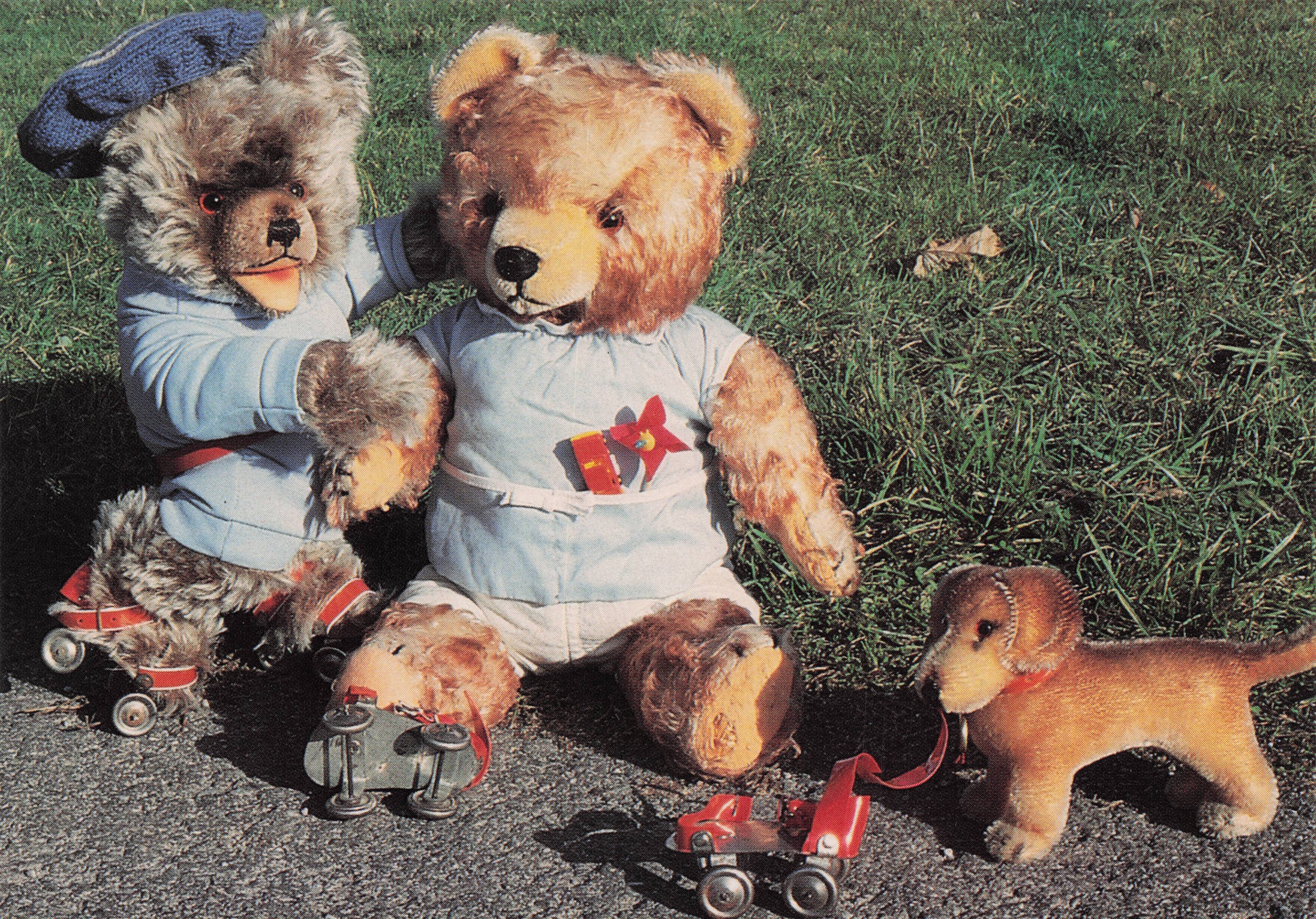 Teddy Bears With Toy Sausage Dog & Old Roller Skates Picnic Postcard