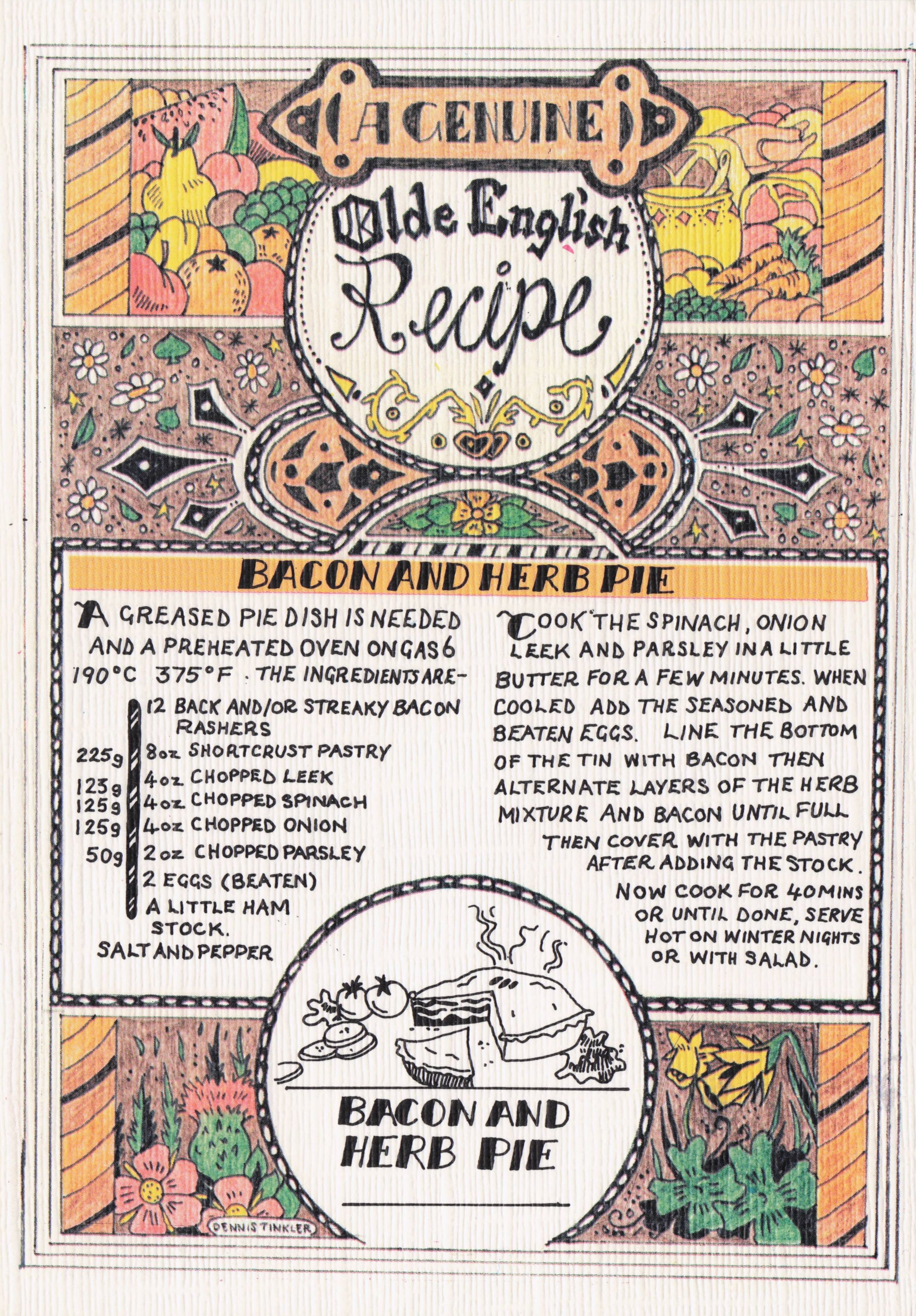 Bacon & Herb Pie Old Fashioned Edwardian Cookery Recipe Postcard