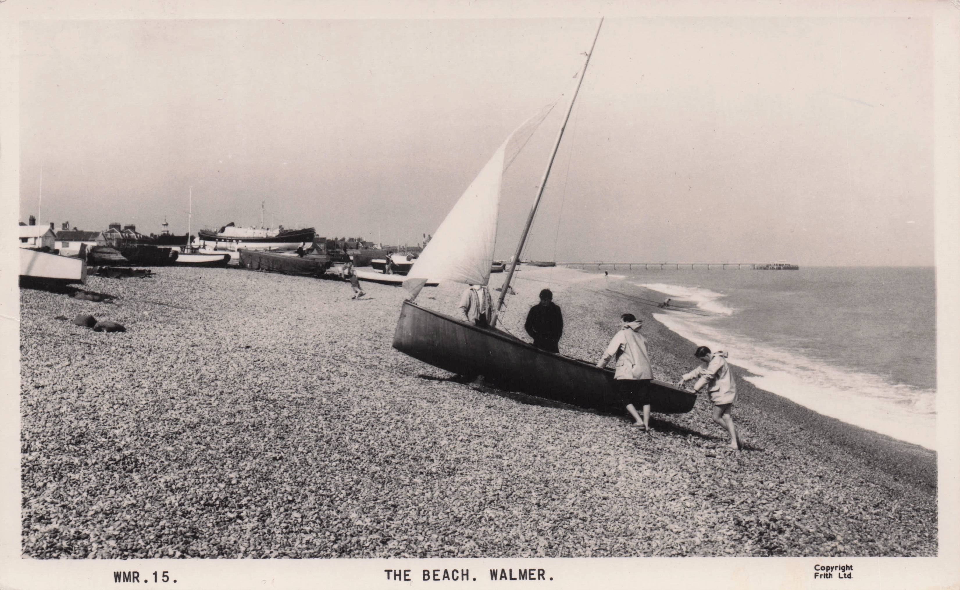 Family Lifting Boat To Shore at Walmer Beach Kent Friths Old RPC Postcard