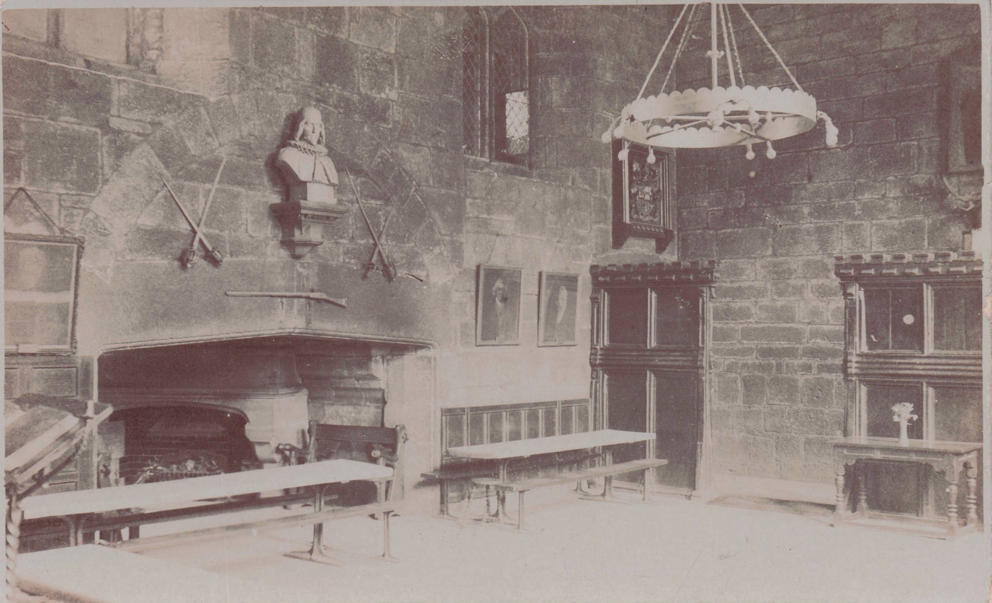 Bust Statue Swords Paintings Cheetham College Manchester Old Real Photo Postcard