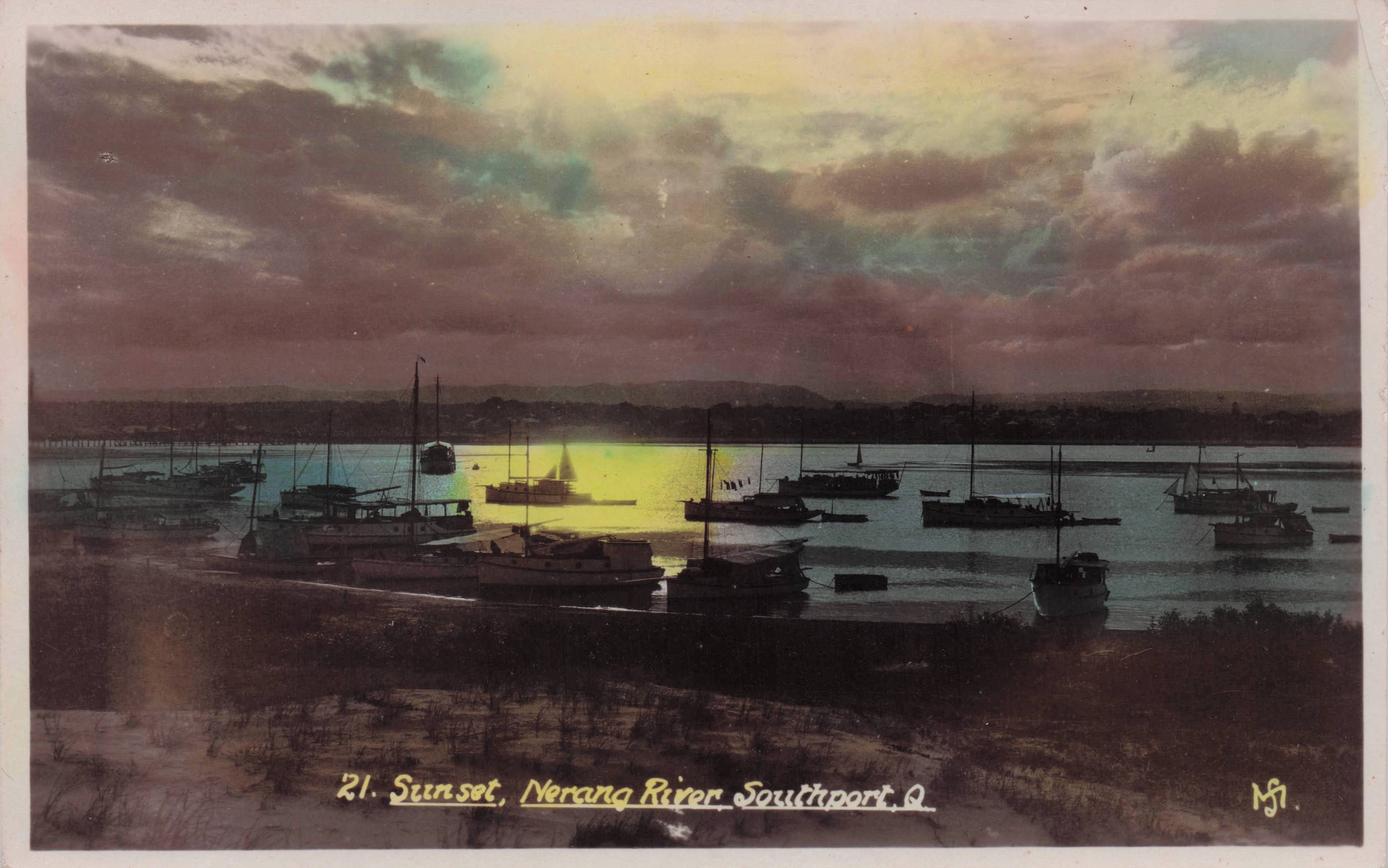 Nerang River Southport Australia Boats Ship Stunning Old Tinted Real Photo Postcard
