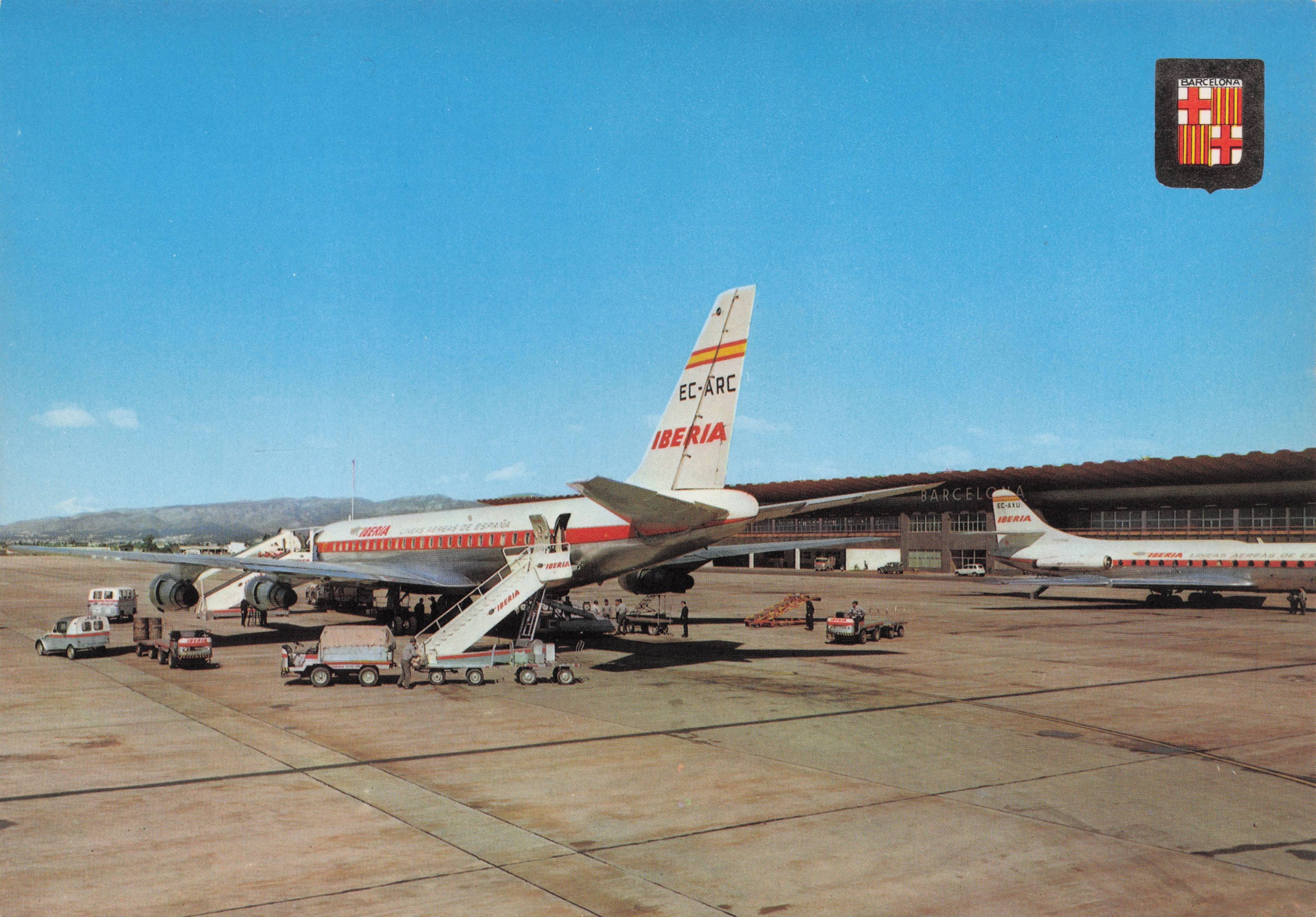 Barcelona Airport Spain Iberia Airlines Plane On Runway Vintage Postcard