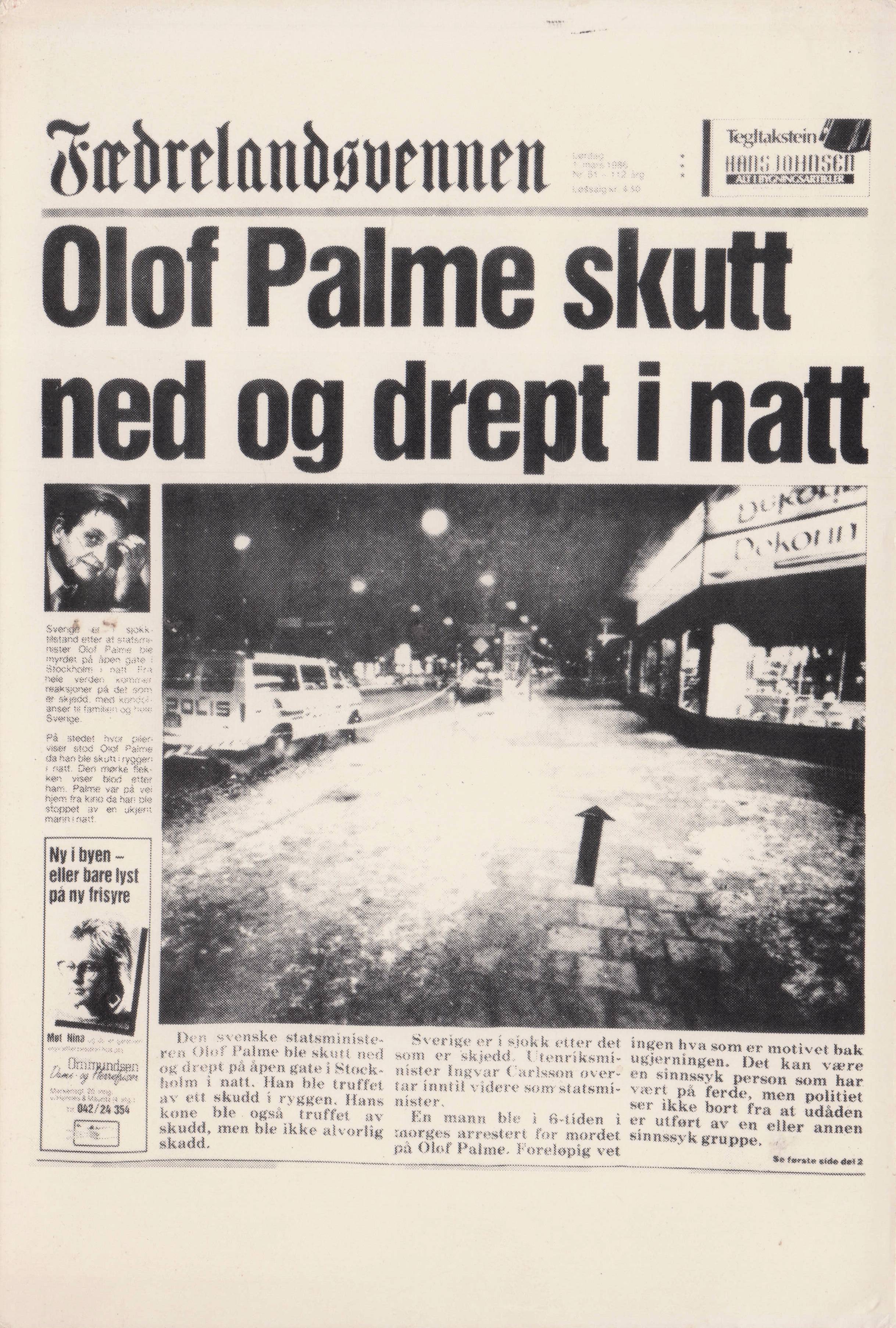 Olaf Palme Swedish Prime Minister Assasination Sweden Newspaper Postcard