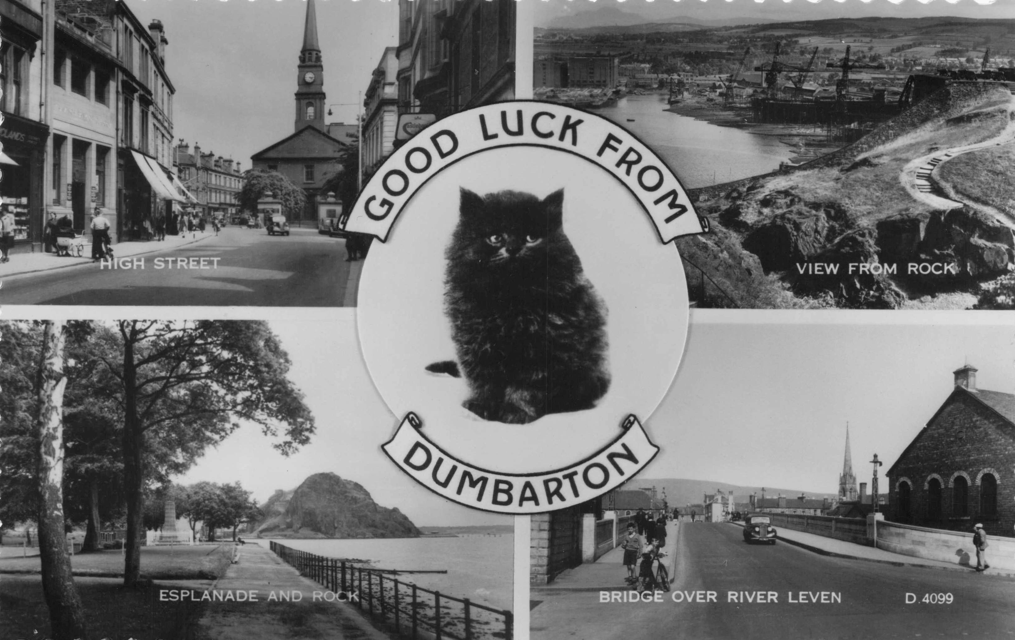 Good Luck From Dumbarton Lucky Black Cat Scottish Cyclist Vintage Postcard