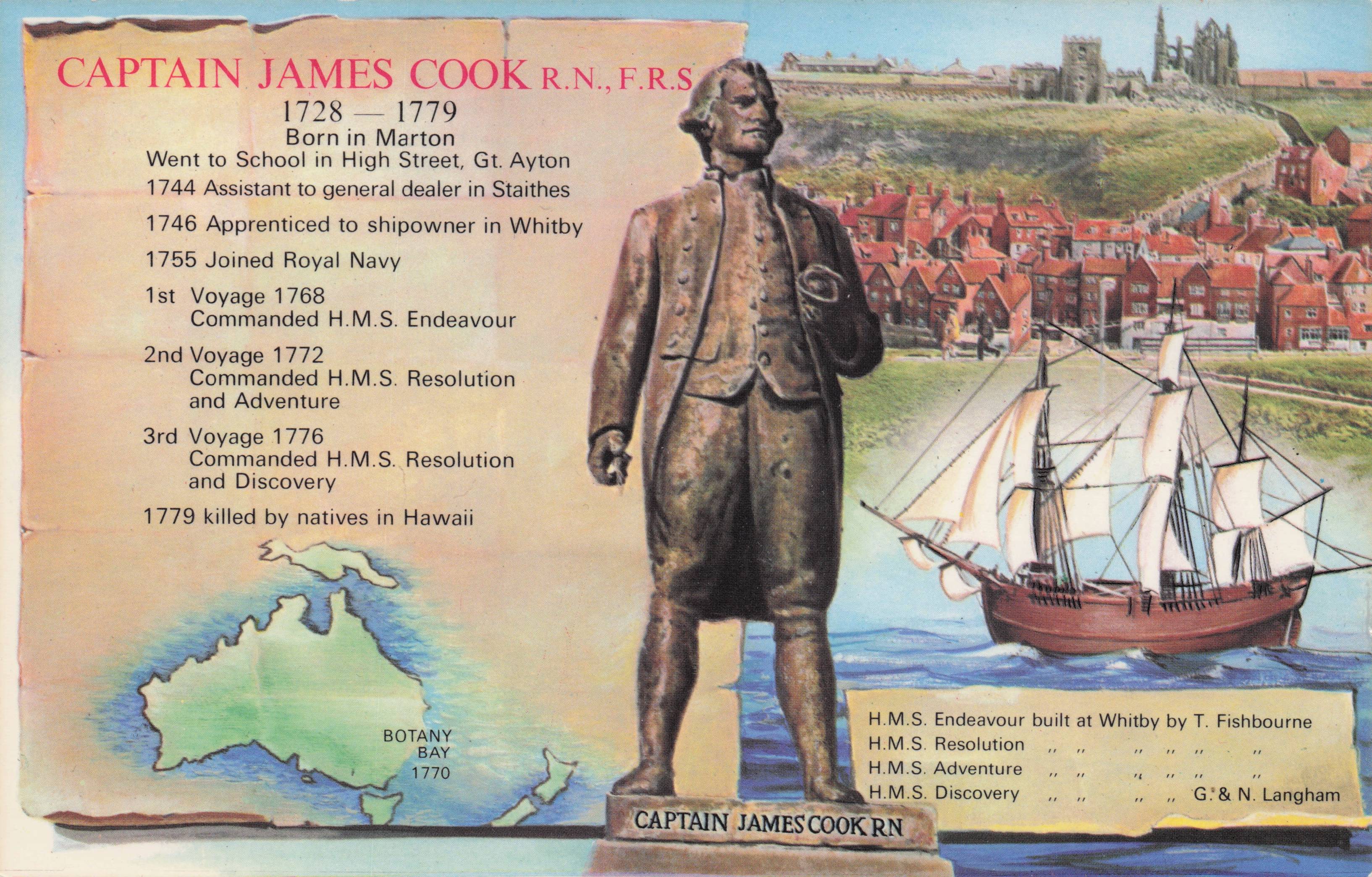 Captain James Cook Australian Explorer Bronze Statue Model Map Ship Postcard