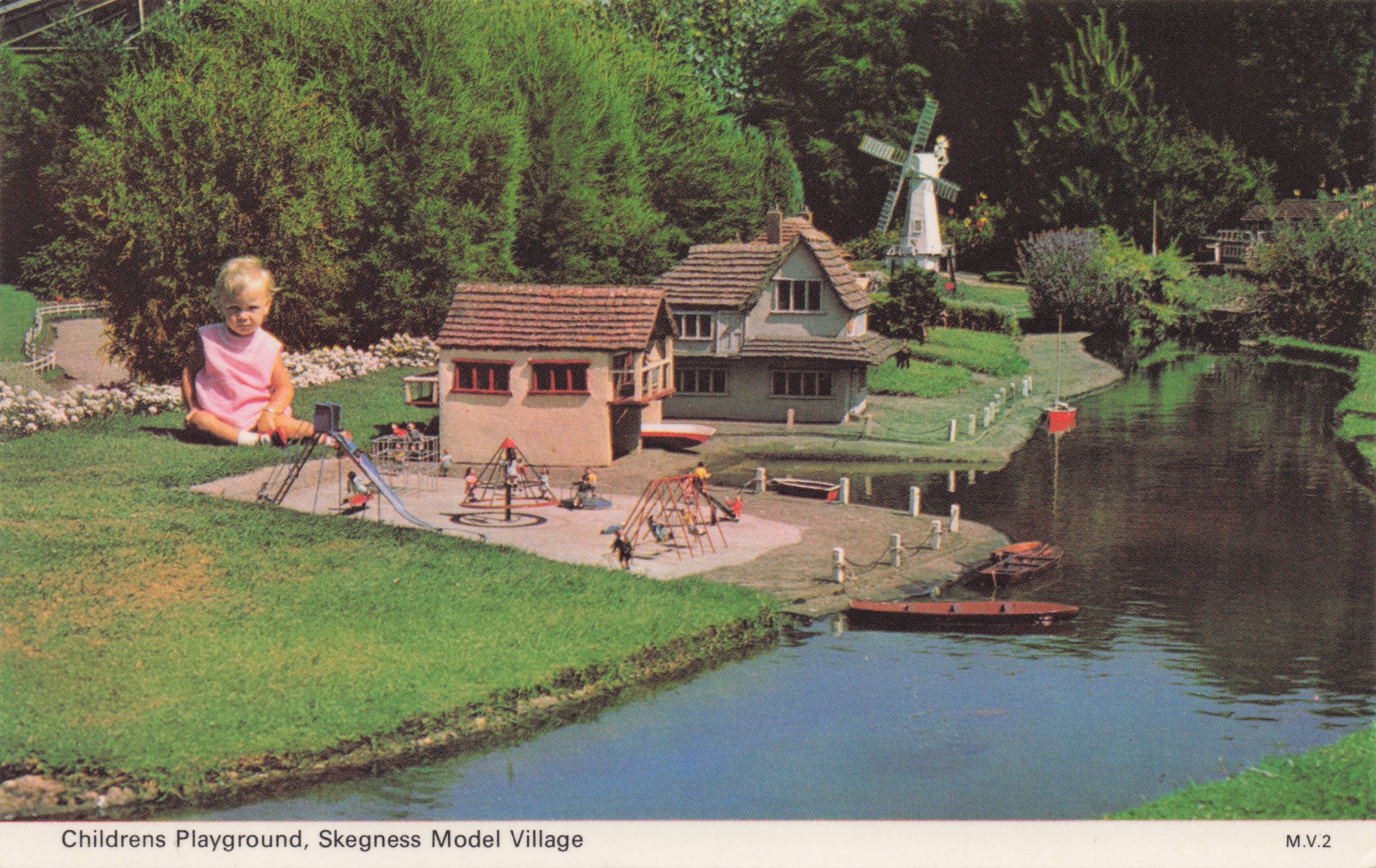 Childrens Playground Swings Roundabout Skegness Model Village Lincs Postcard
