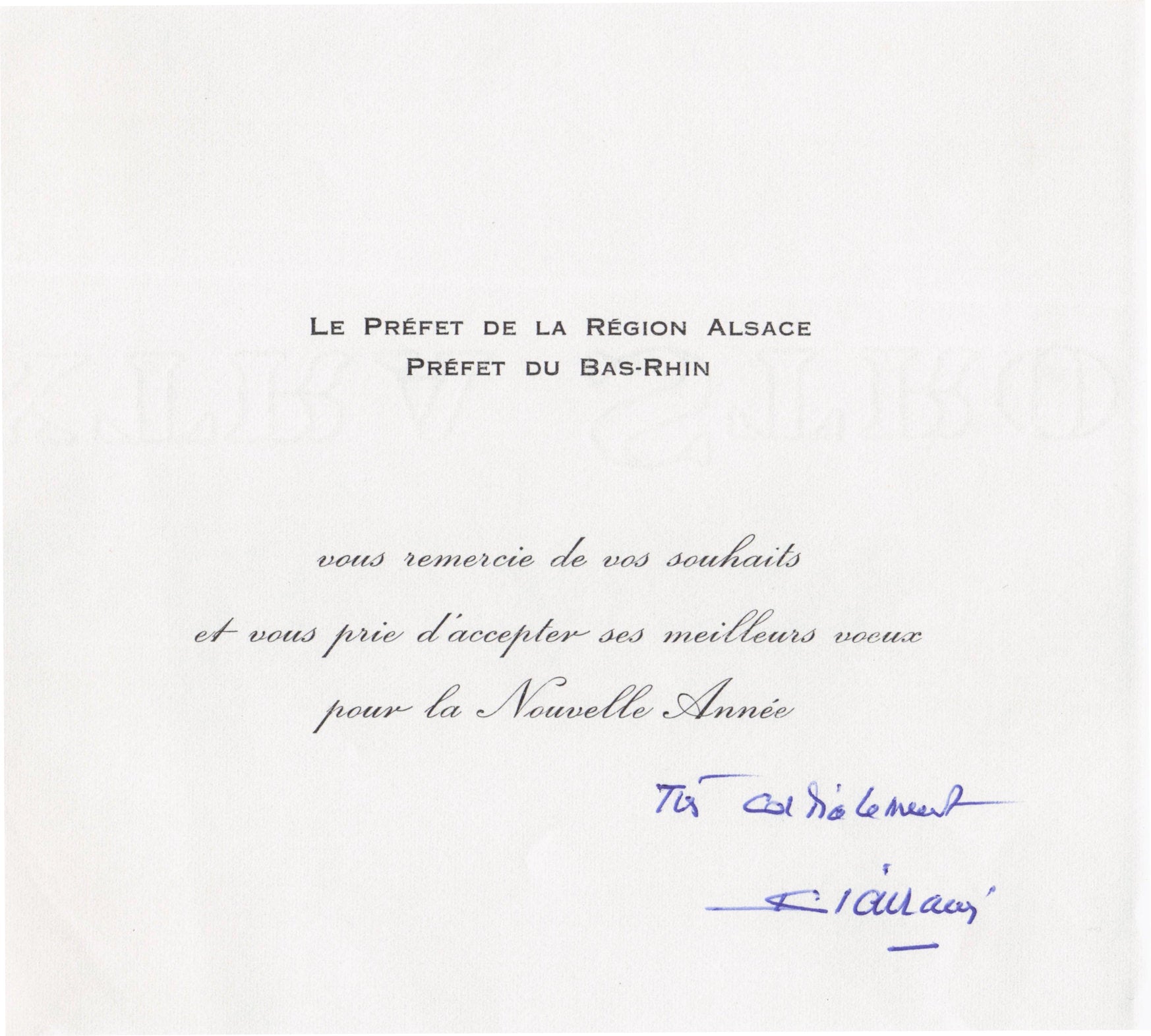 Hand Signed French Politics Card from Prefet Du Bas Rhin Alsace Autograph