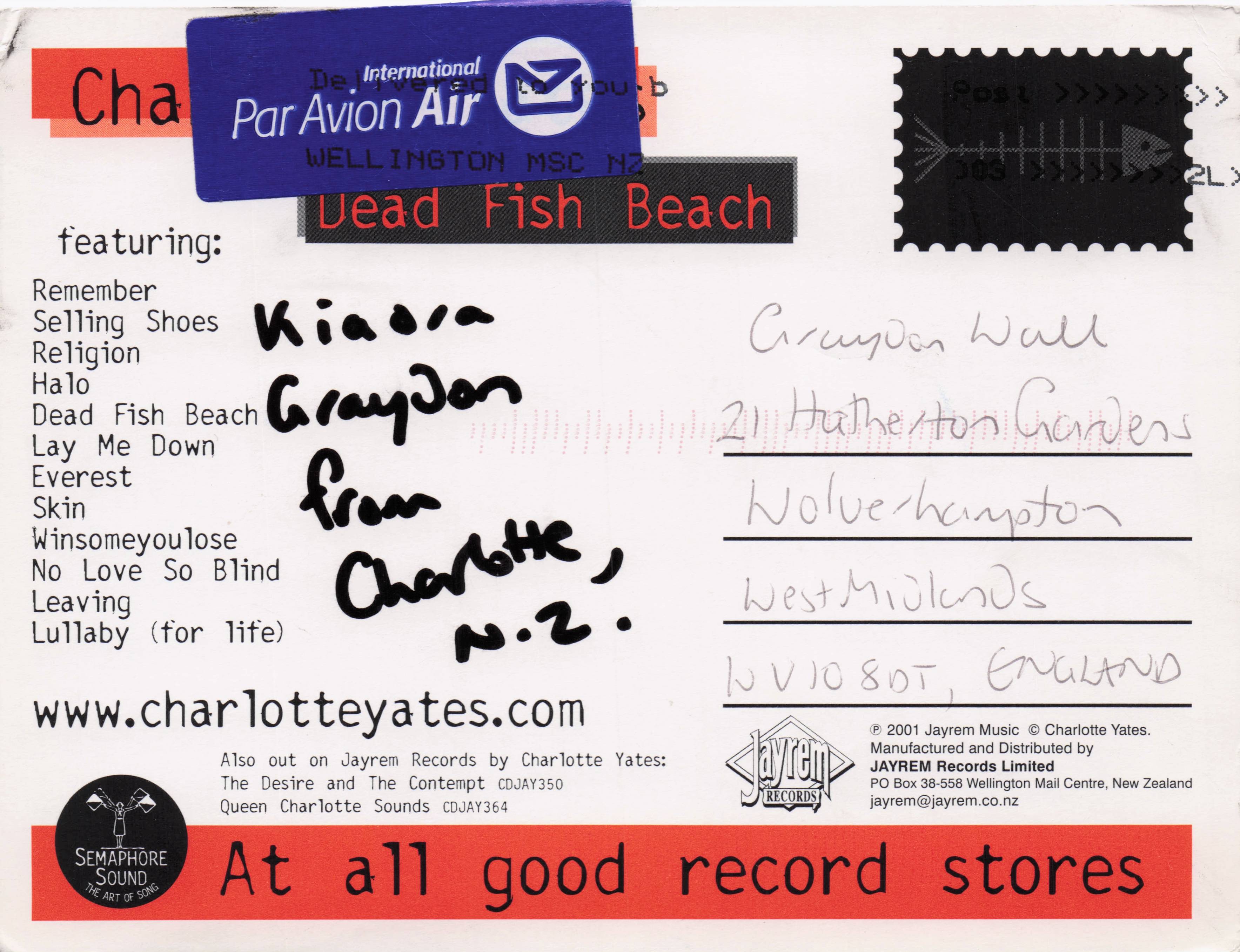 Charlotte Yates New Zealand Pop Singer Dead Fish Beach Hand Signed Photo Card