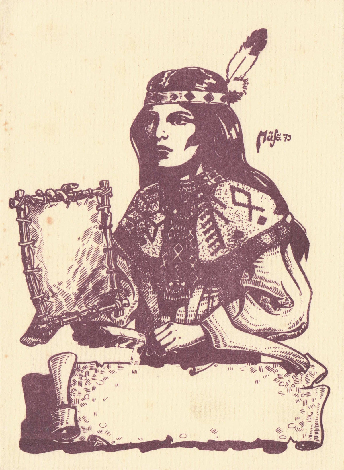 Native American Indian Woman RARE French Illustrator Glamour Painting Postcard