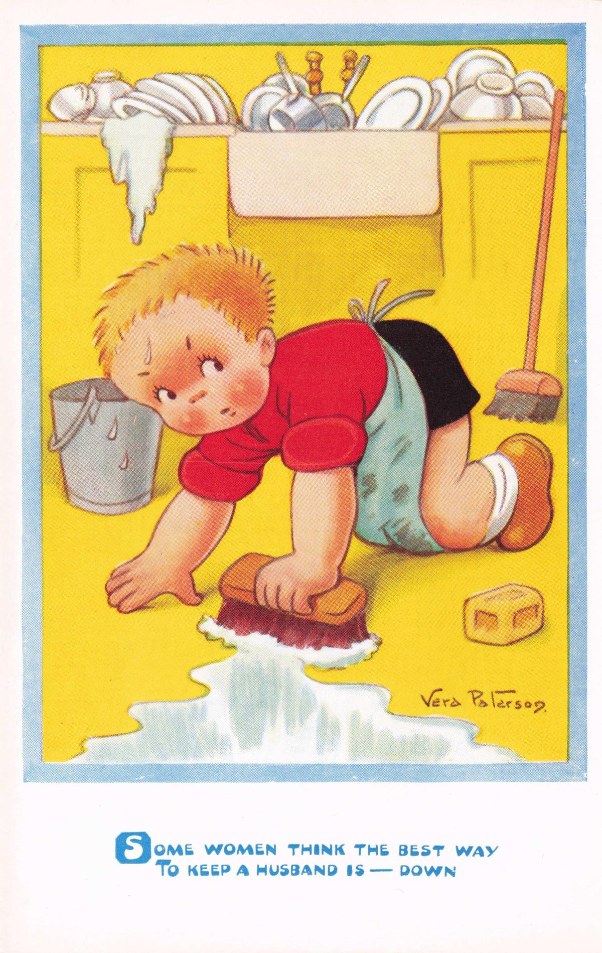 Henpecked Husband Forced To Do Housework Dominant Wife Old Comic Postcard