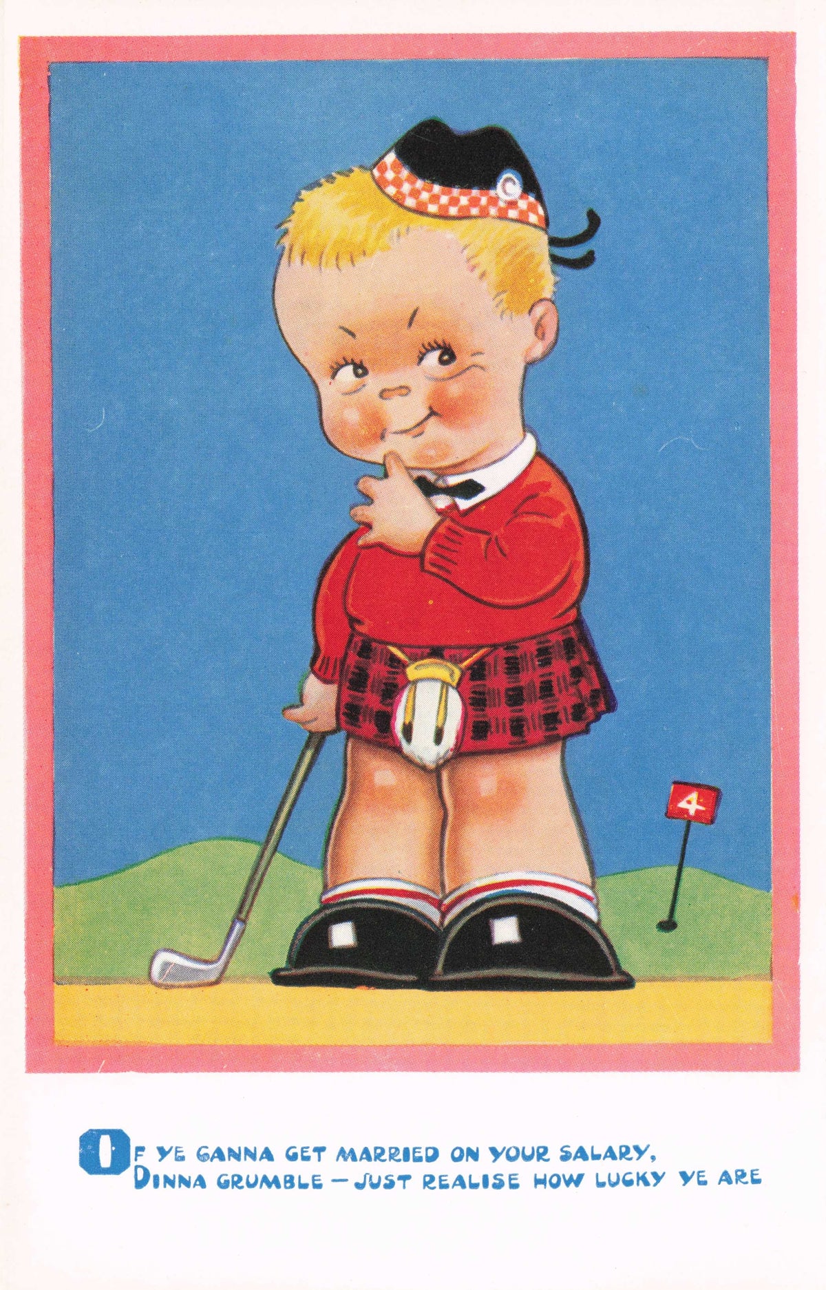 Scottish Boy Golf Club Course Scotland Marriage Money Cute Old Comic Postcard