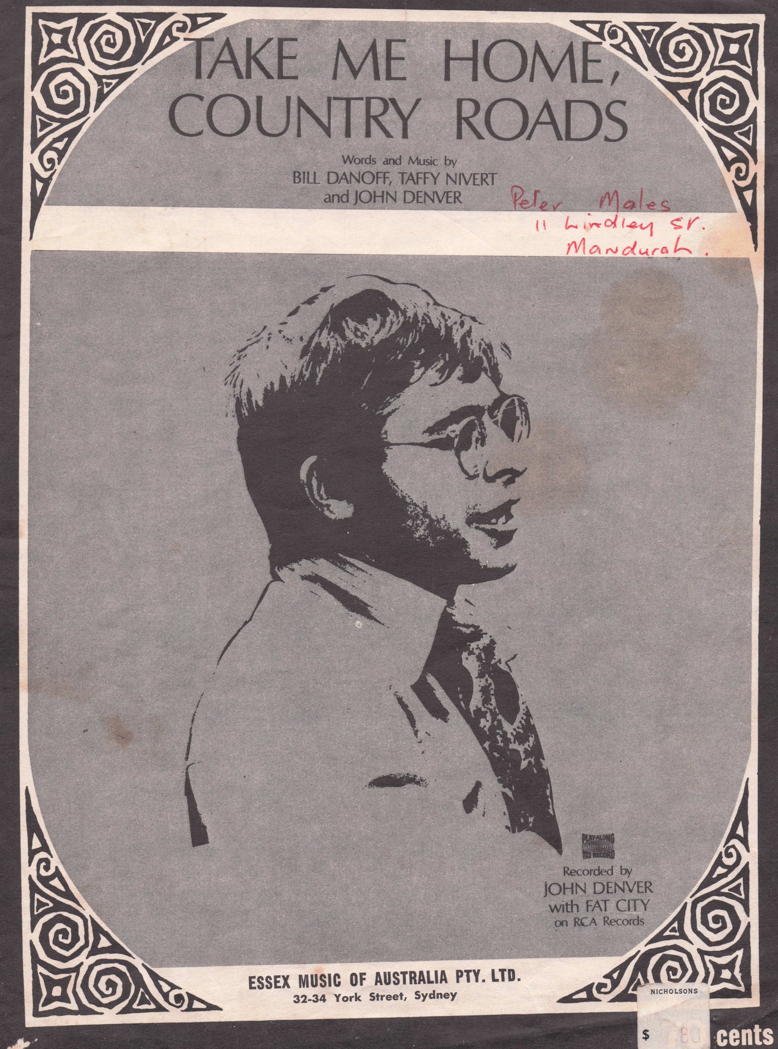 Take Me Home Country Roads John Denver Rare Australian Sheet Music