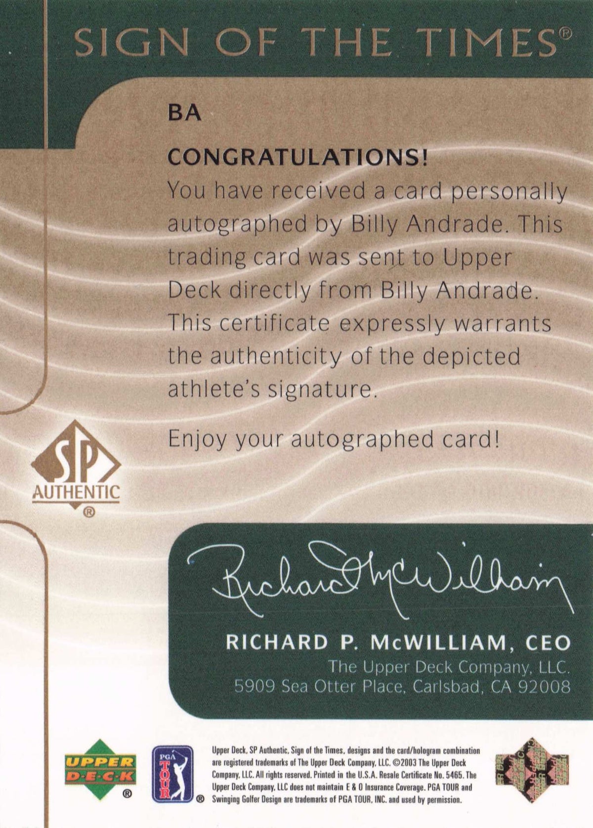 Billy Andrade Sign Of The Times Hand Signed 2003 Photo Golf Autograph Card