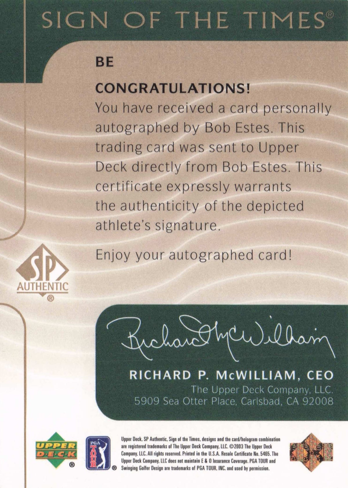 Bob Estes Sign Of The Times Hand Signed 2003 Photo Golf Autograph Card