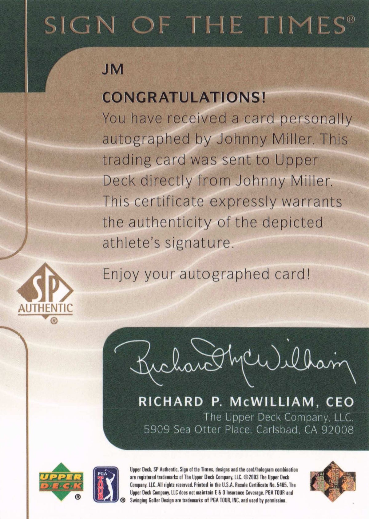 Johnny Miller 2003 Sign Of The Times Hand Signed Golf Rare Autograph Card