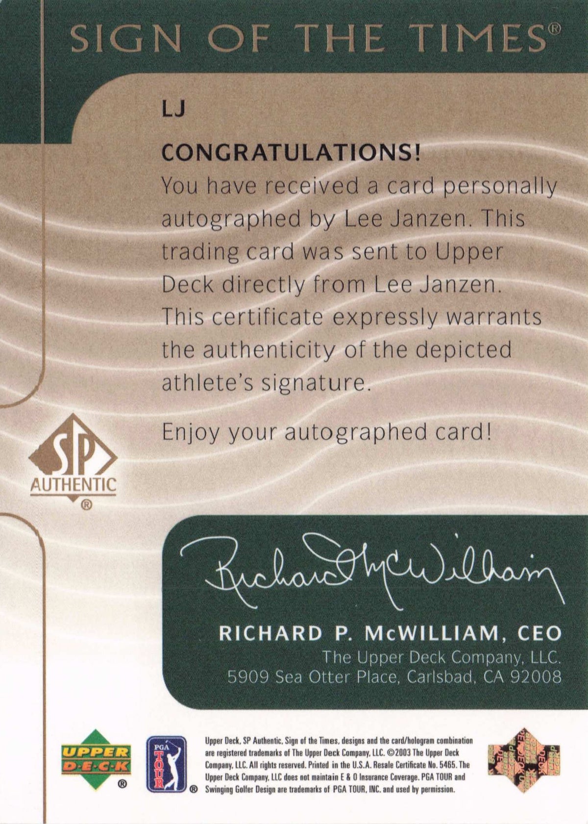 Lee Janzen Sign Of The Times Golf 2003 Rare Hand Signed Autograph Photo Card