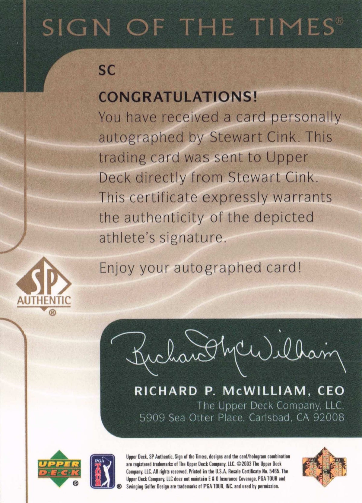 Stewart Cink 2003 Sign Of The Times Hand Signed Golf Autograph Card