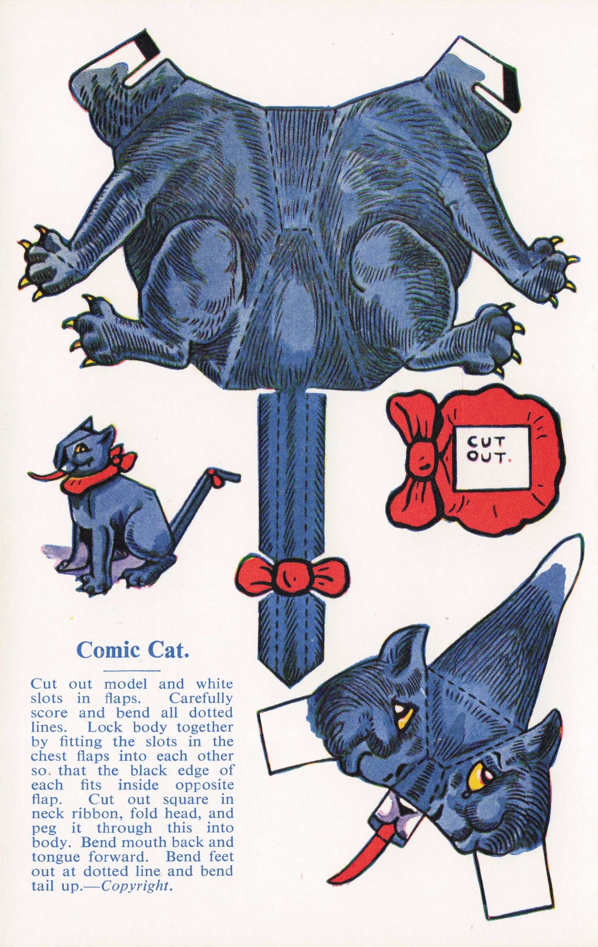 Cut Out Cat Model Antique Novelty Ribbon Cats Salmon Old Rare Comic Postcard