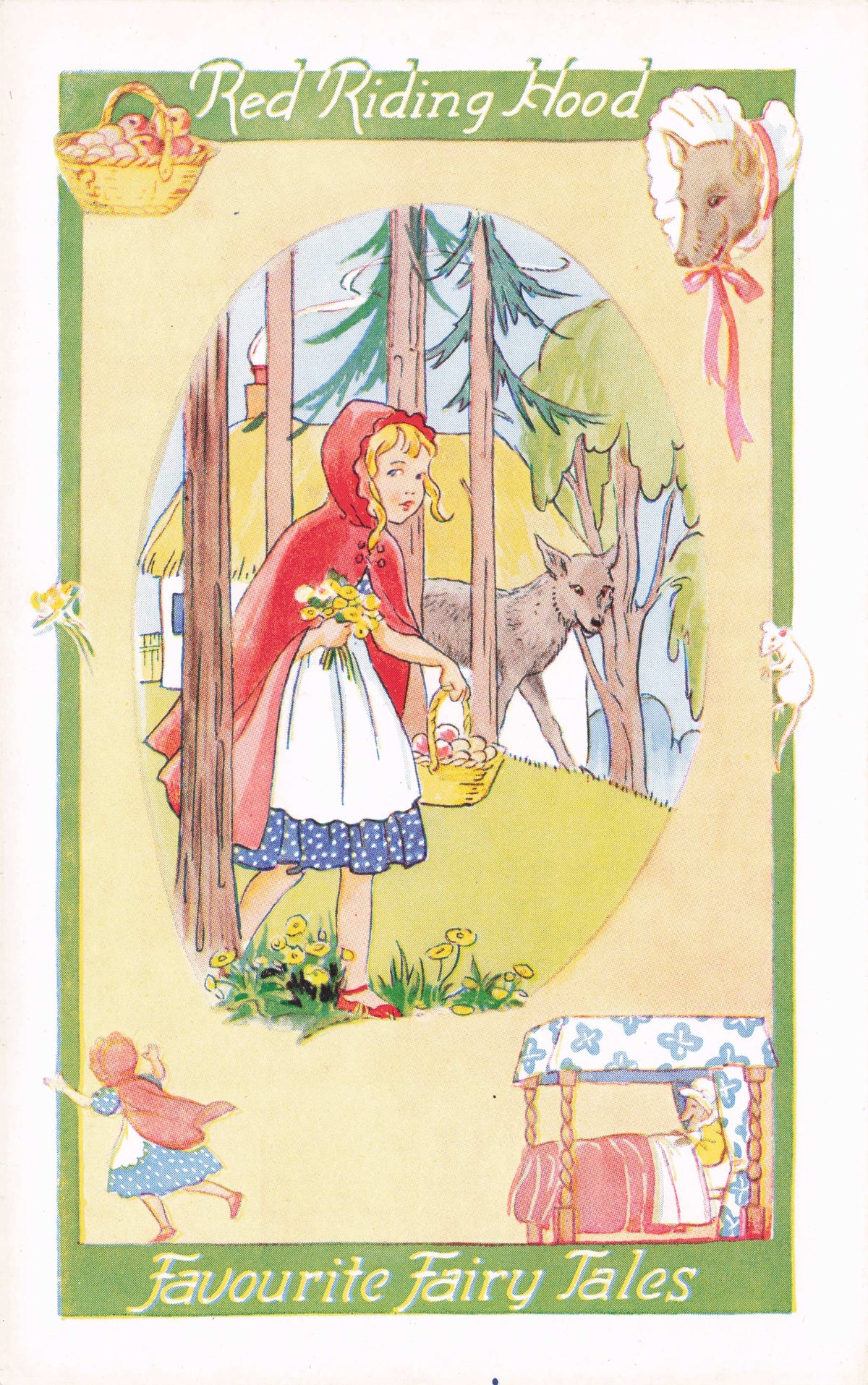Red Riding Hood & Big Bad Wolf Old Grimm Fairy Tale Salmon Antique Art Postcard