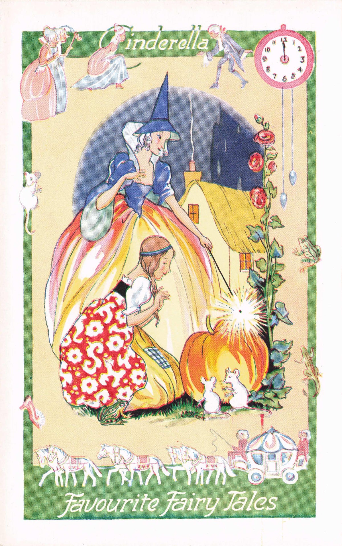Cinderella Old Fairy Tale Godmother Clock Antique Salmon Childrens Story Postcard