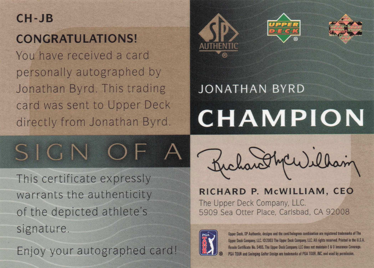 Jonathan Byrd Sign Of A Champion SCARCE Hand Signed Golf Autograph Card