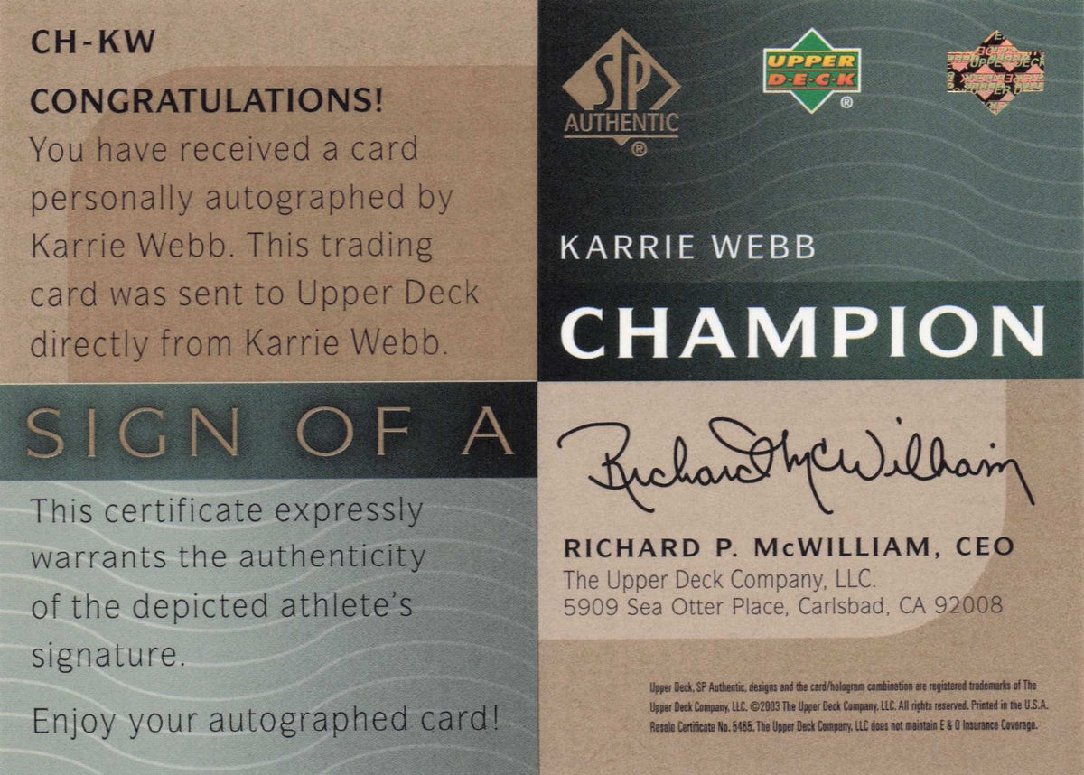 Karrie Webb Sign Of A Champion SCARCE 2003 Hand Signed Golf Autograph Card