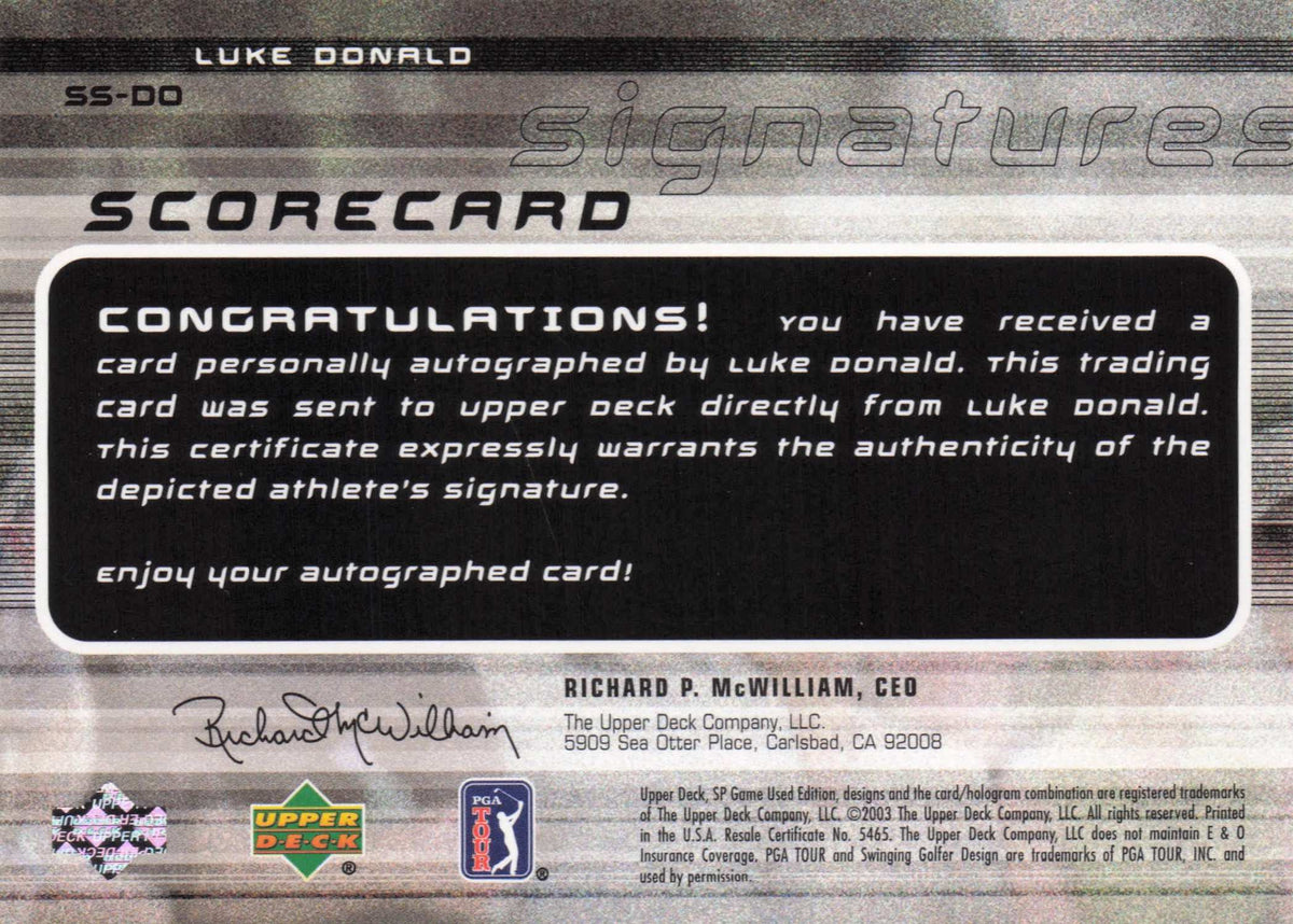 Luke Donald Scorecard Signatures Hand Signed Golf Autograph Photo Card