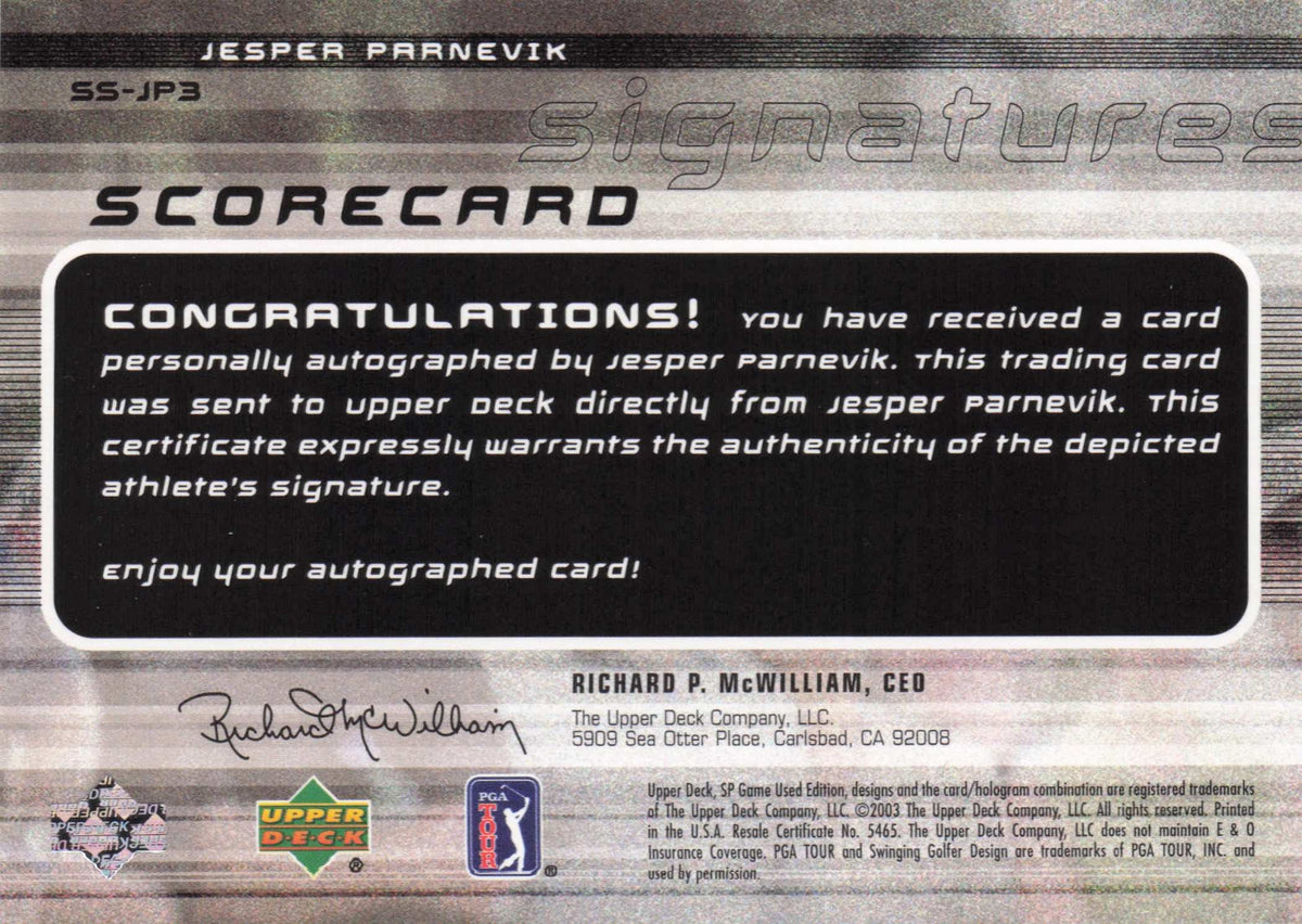 Jesper Parnevik Scorecard Signatures Golf Upper Deck Autograph Signed Card