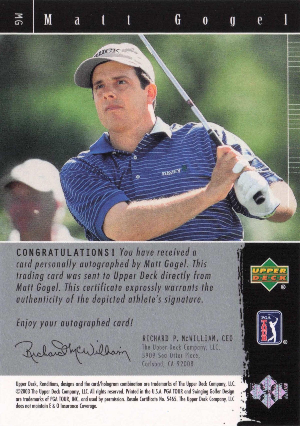 Matt Gogel 2003 Signature Exhibit Golf Hand Signed Autograph Photo Trade Card