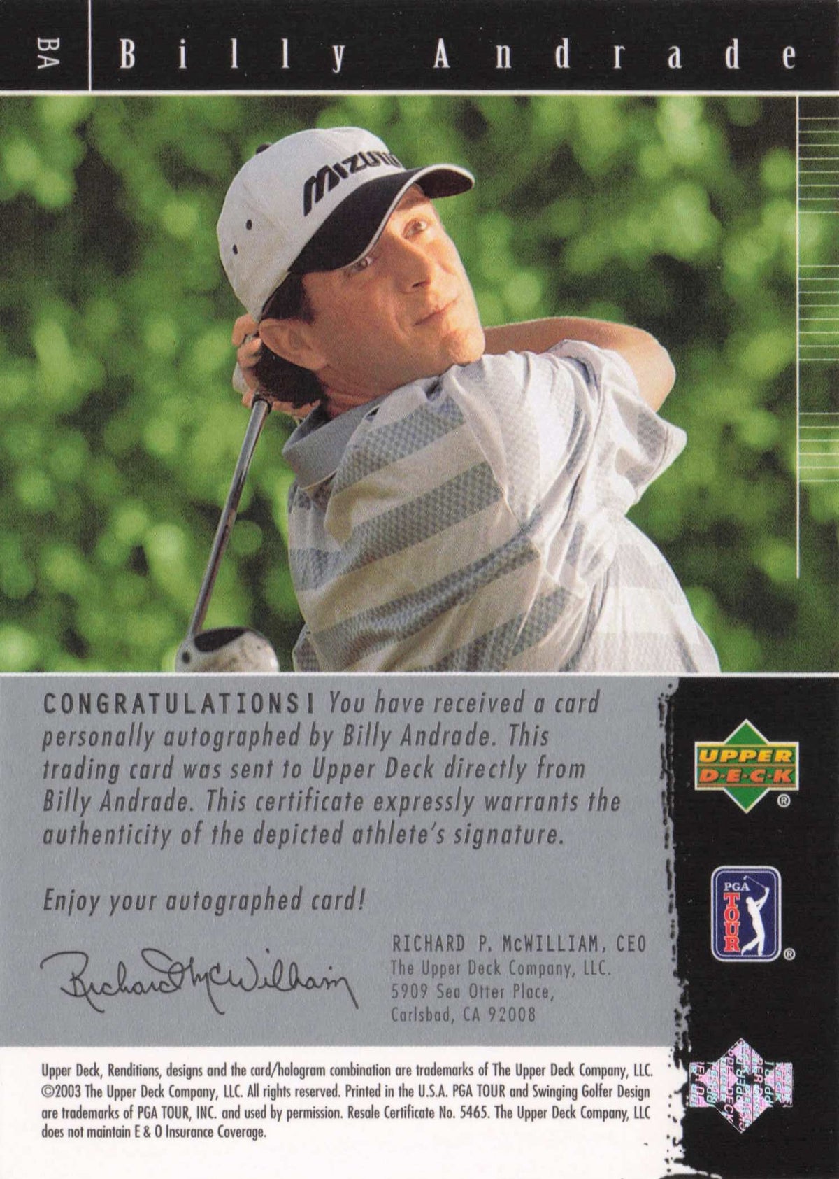 Billy Andrade Signature Exhibit Golf Hand Signed Autograph Photo Trade Card