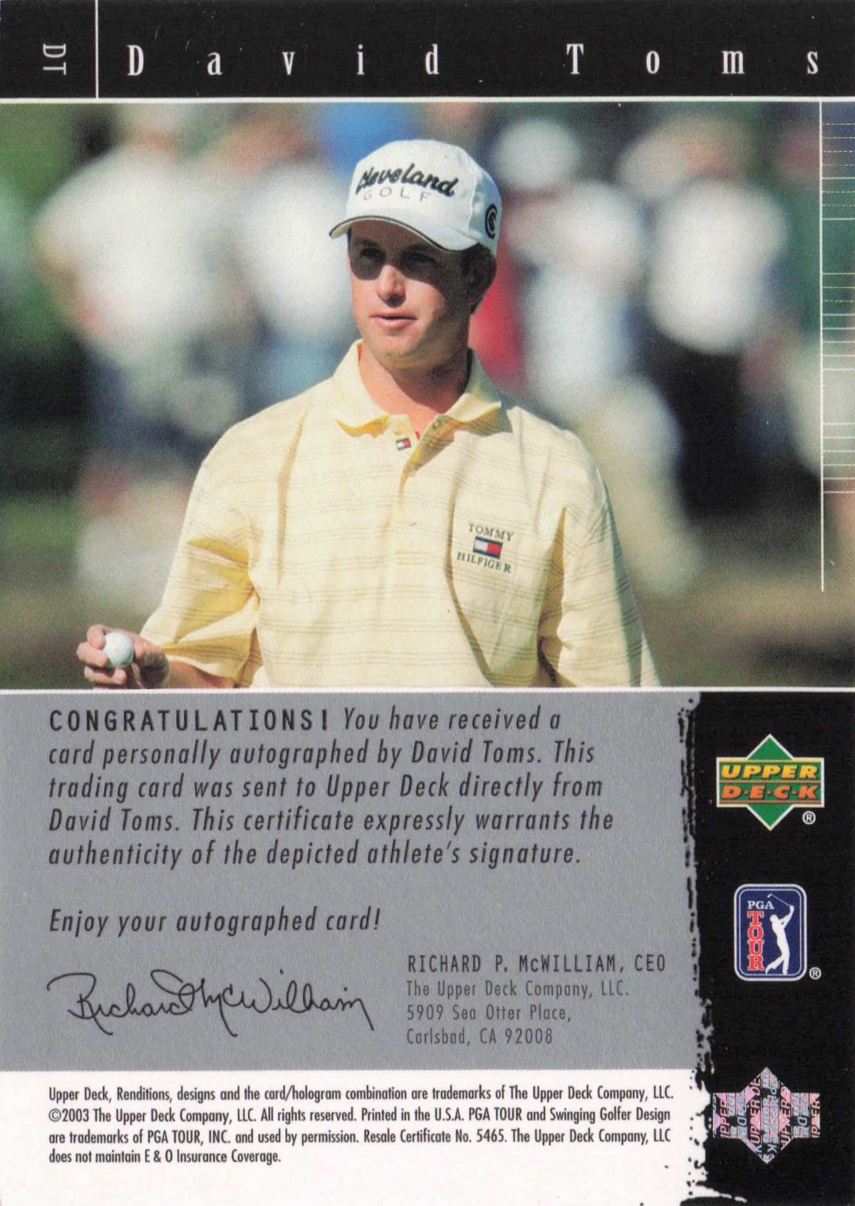 David Toms 2003 Signature Exhibit 2003 Golf Upper Deck Autograph Signed Card