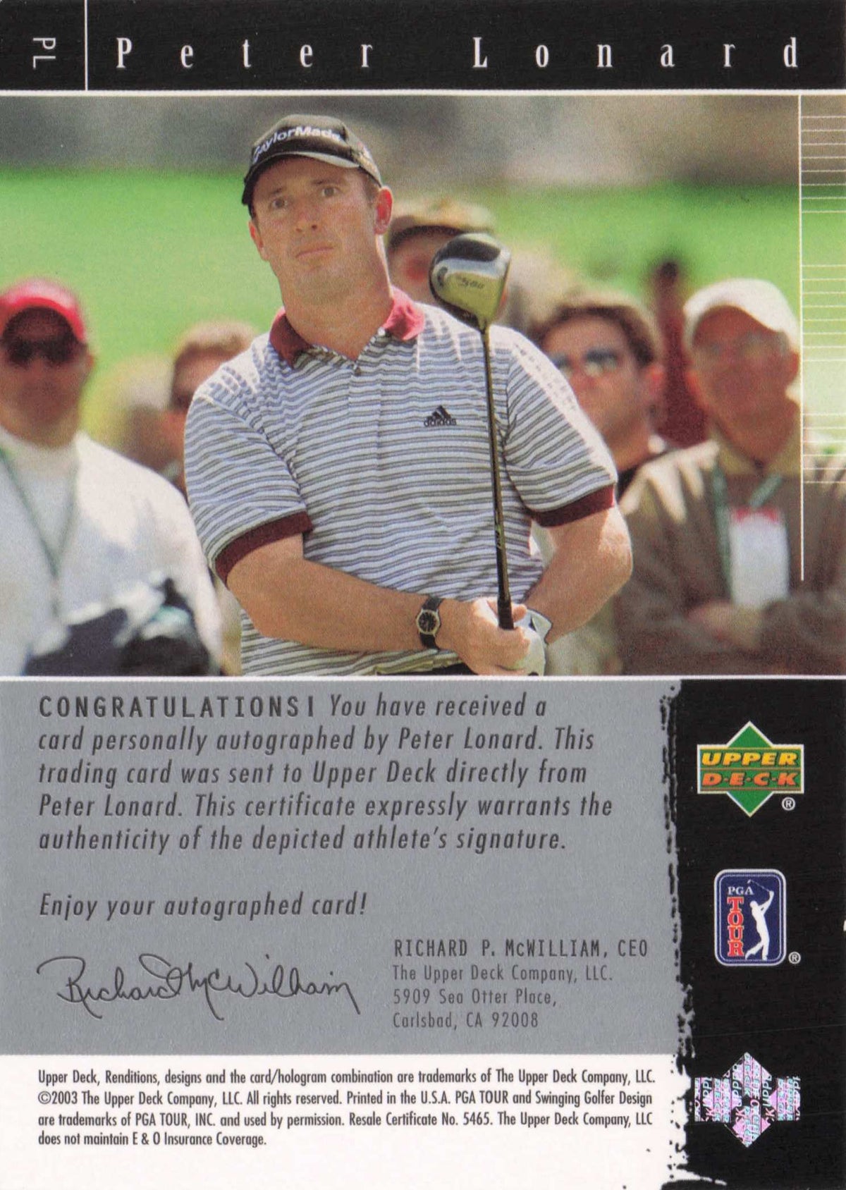 Peter Lonard Signature Exhibit Golf Upper Deck Autograph Signed Photo Card