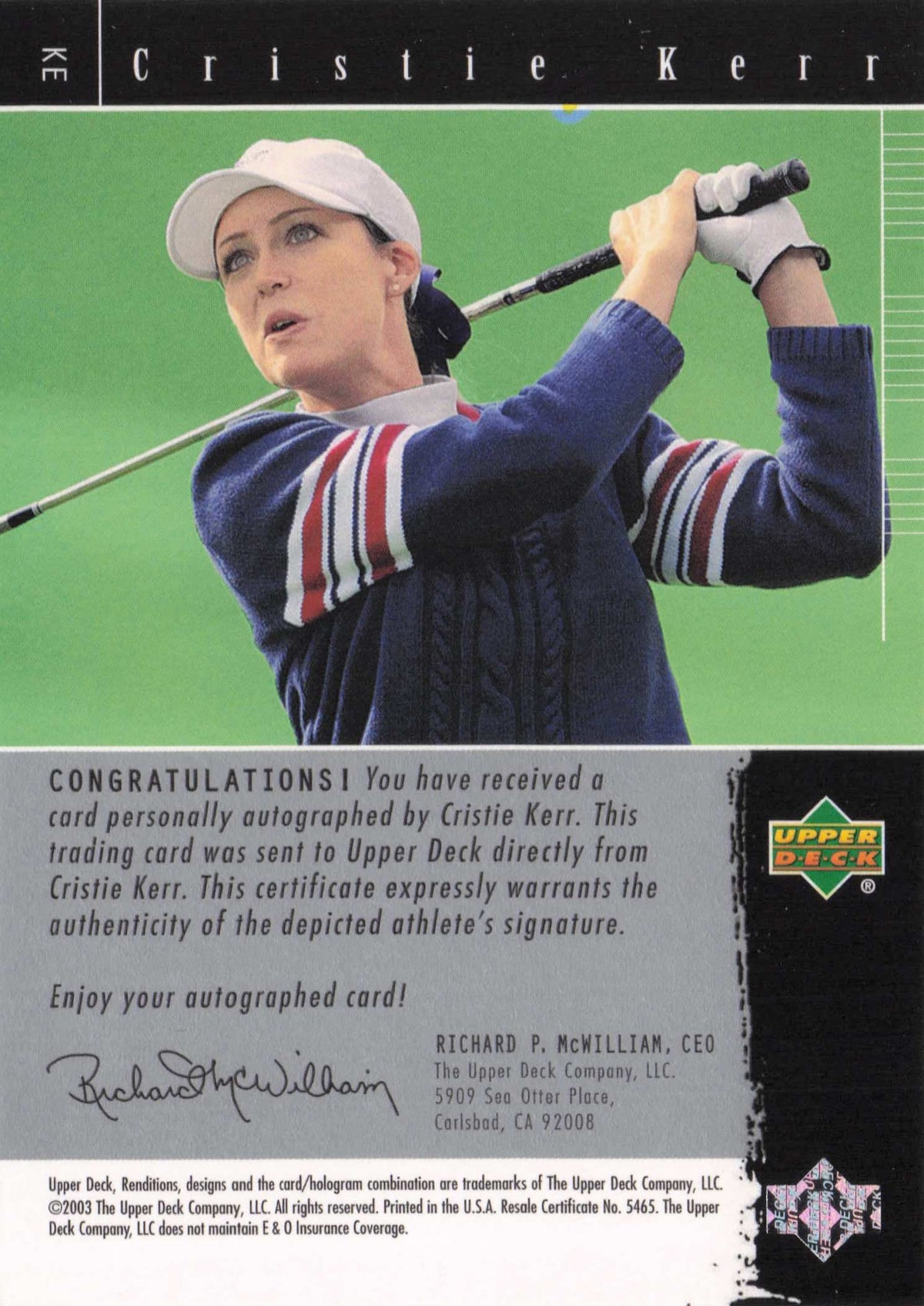 Christie Kerr Signature Exhibit Golf Upper Deck Autograph Signed Photo Card