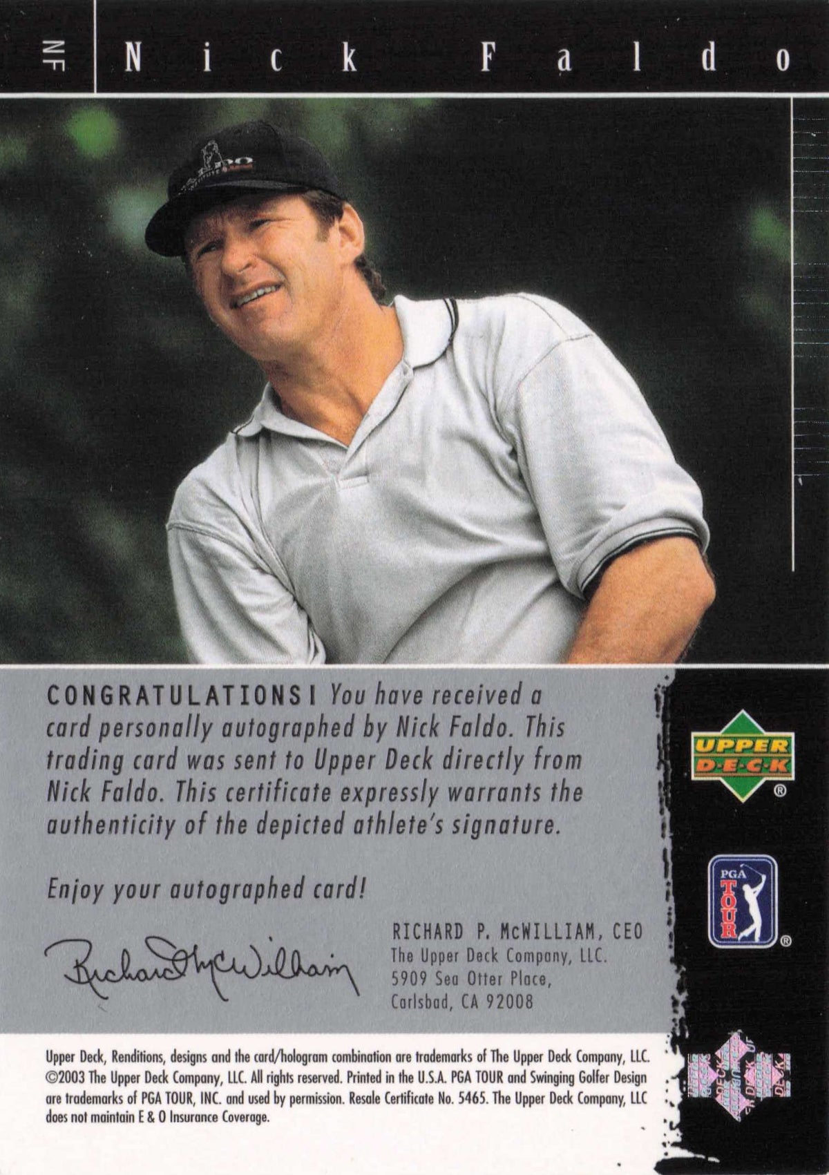 Nick Faldo Signature Exhibit RARE Hand Signed Golf Upper Deck Autograph Card